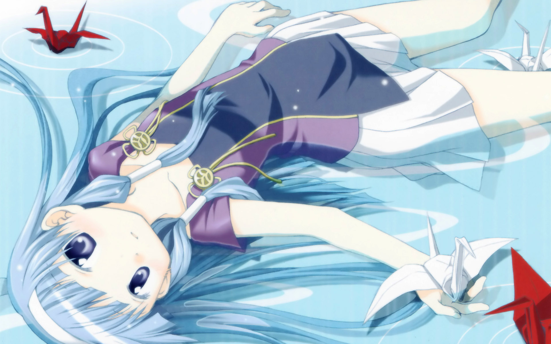 Nagi from Kannagi lying in water with origami cranes HD Wallpaper
