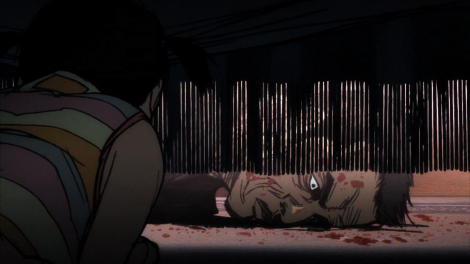 Girl looks at bloody man under a structure HD Wallpaper