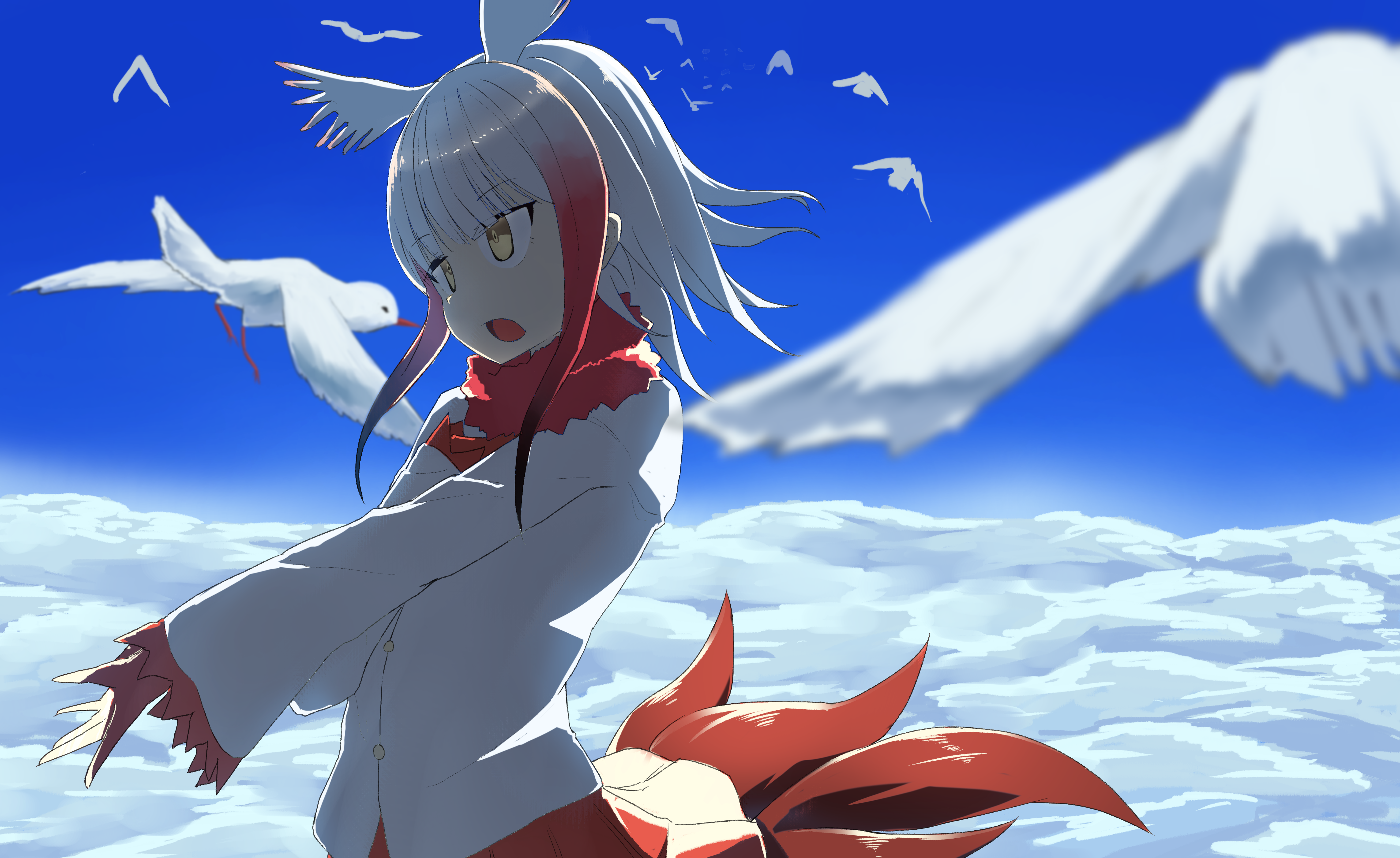 Girl with bird features and tails in the sky HD Wallpaper