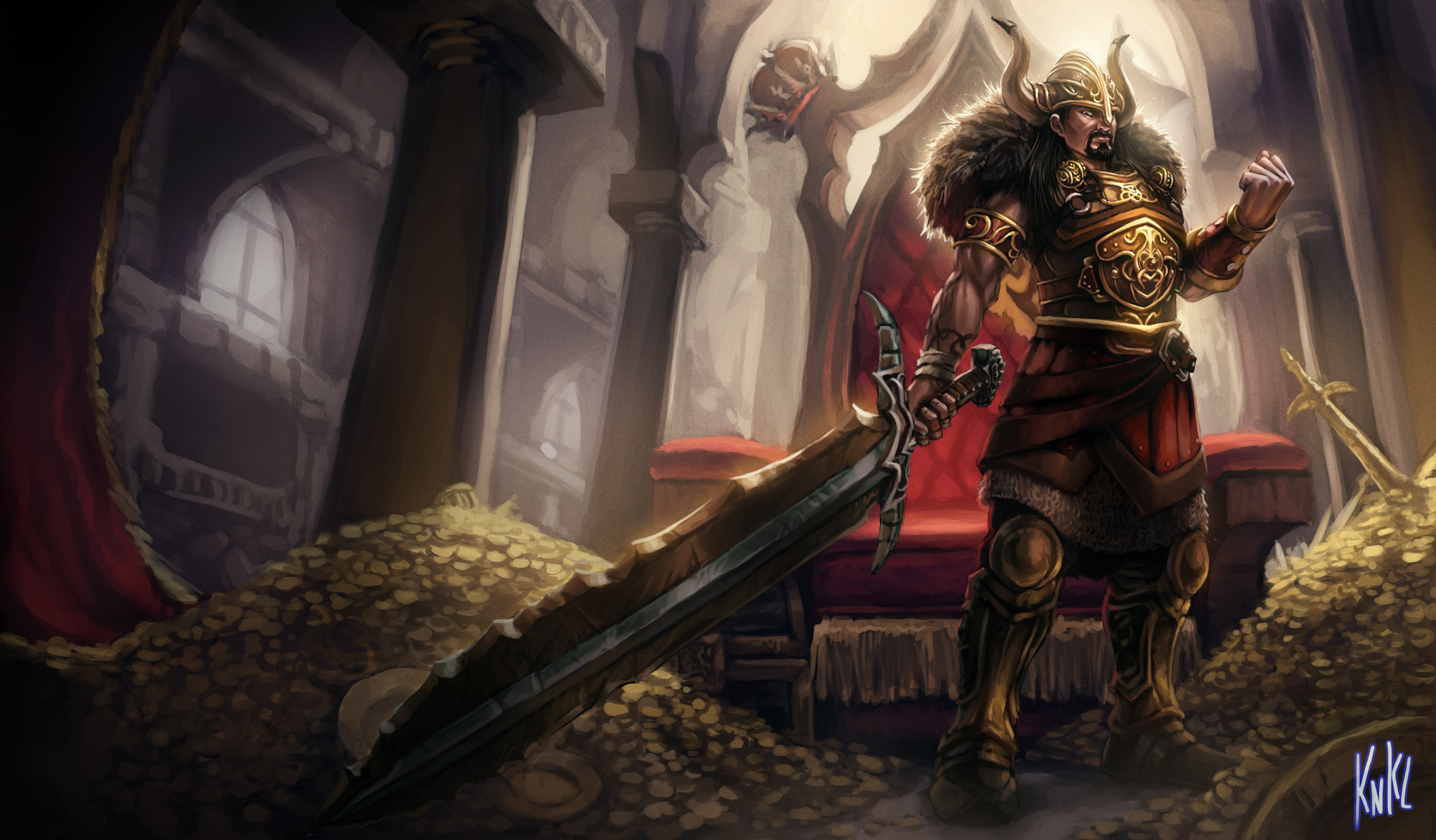 Tryndamere from League of Legends with a sword and treasure HD Wallpaper
