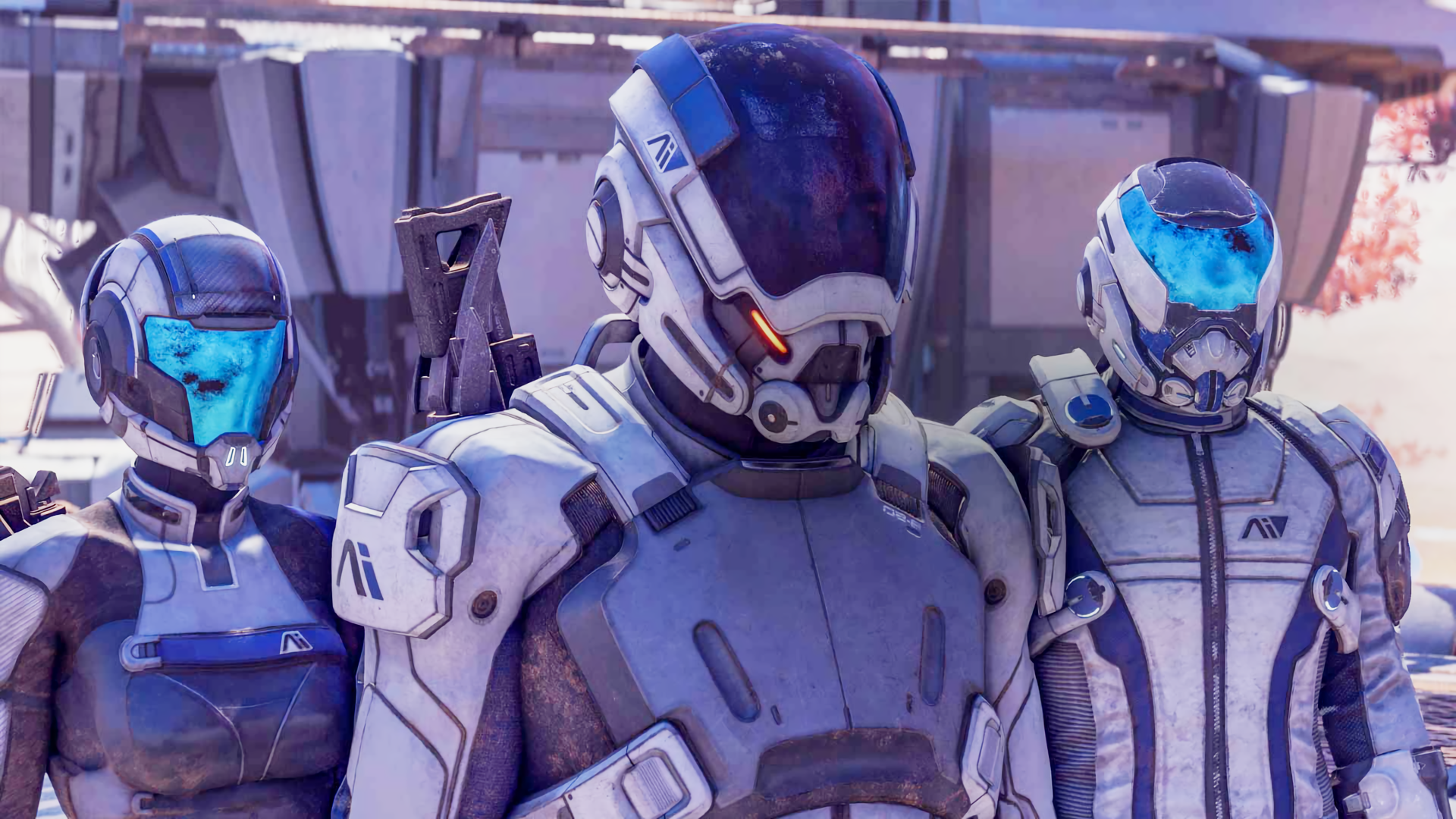 Three armored figures in a sci-fi setting HD Wallpaper