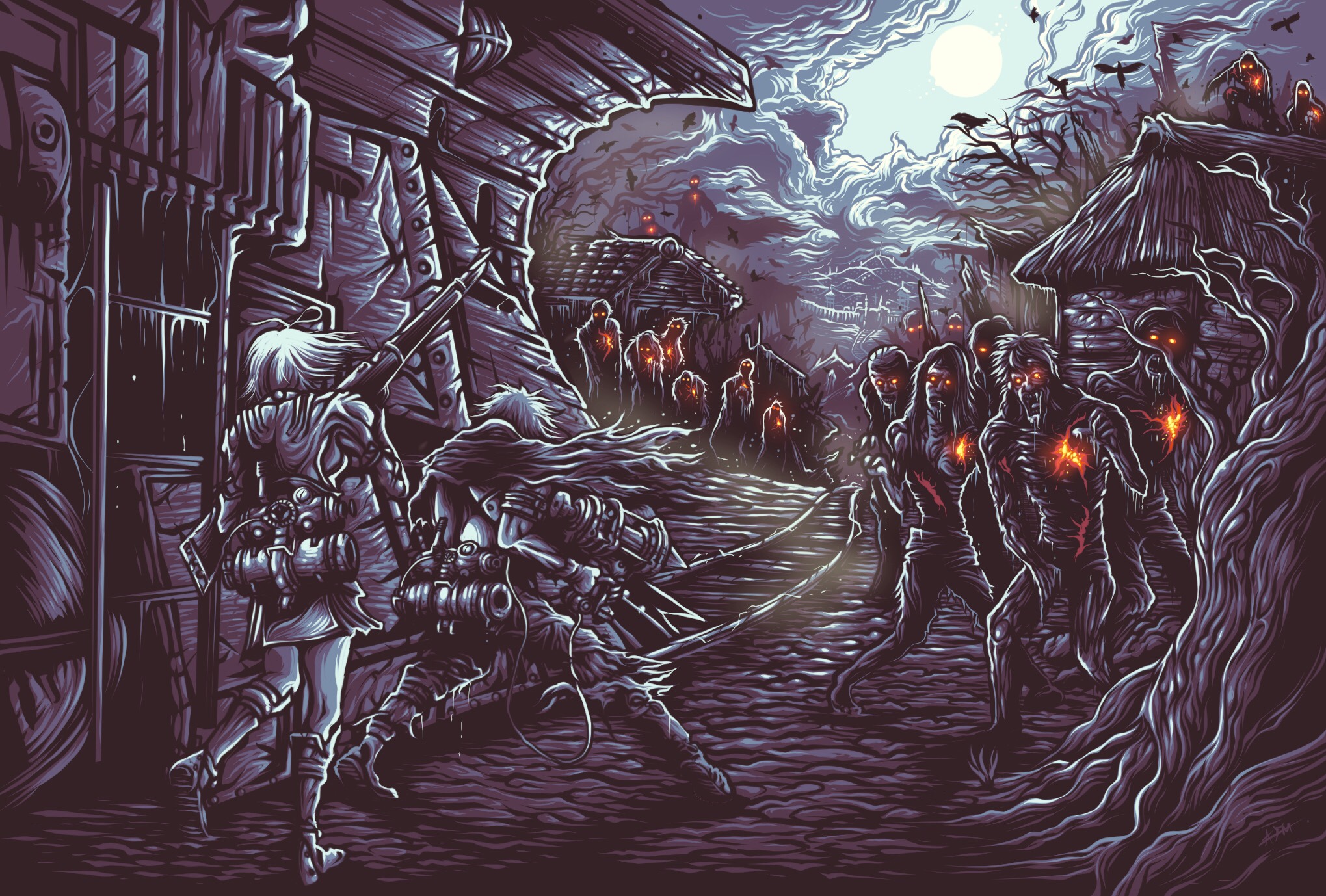 Ikoma and a companion fighting zombies in a village HD Wallpaper