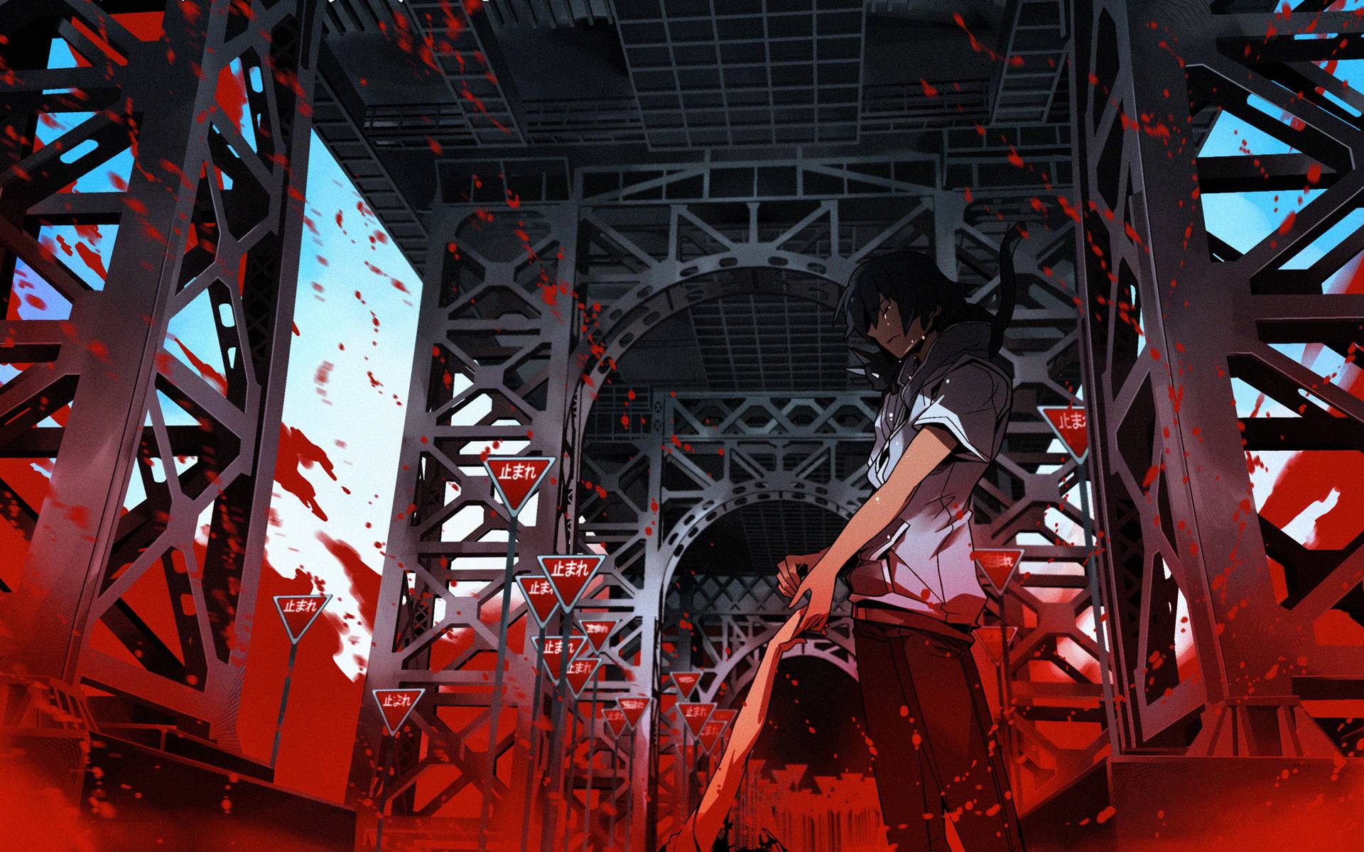 Hibiya Amamiya in a blood-splattered industrial setting HD Wallpaper