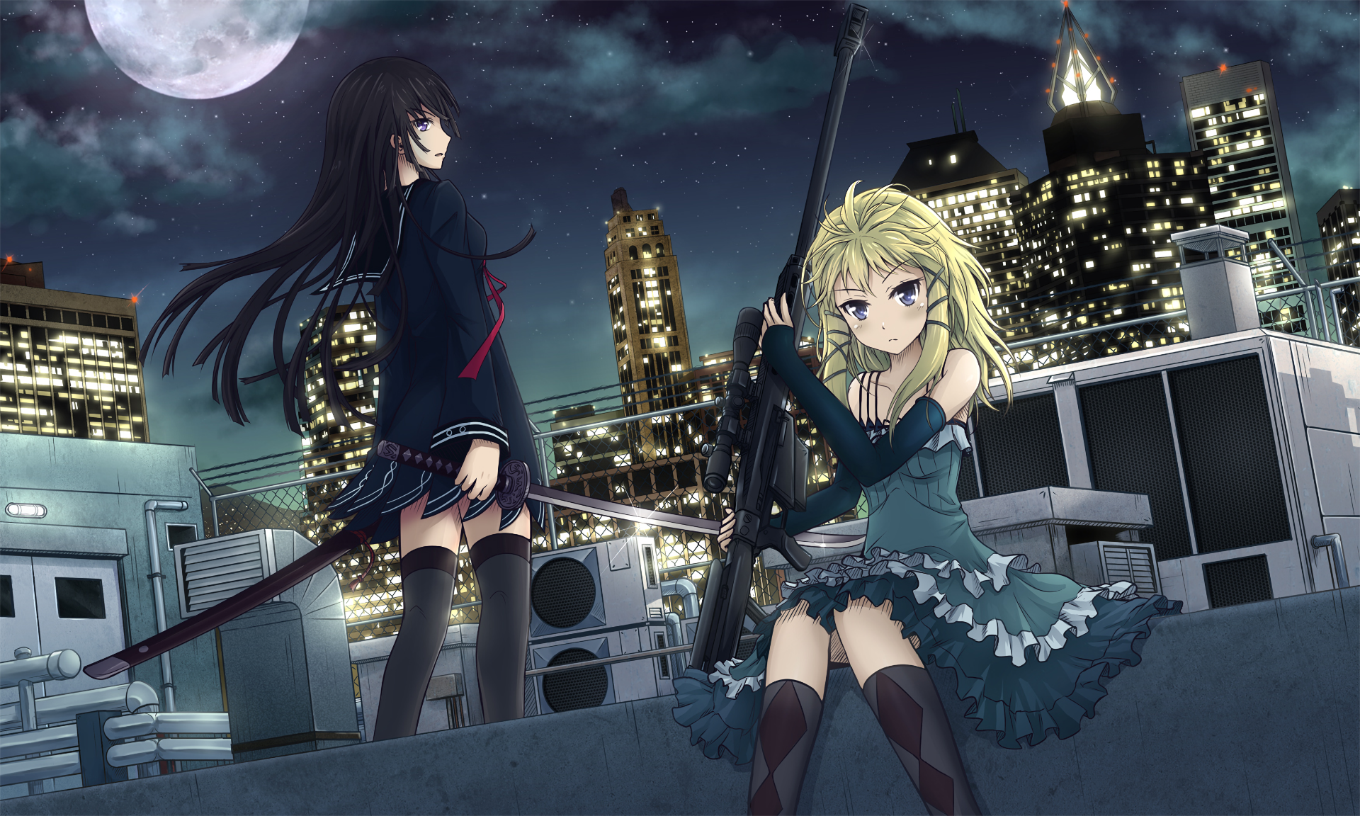 Kisara Tendo with sniper rifle on rooftop HD Wallpaper