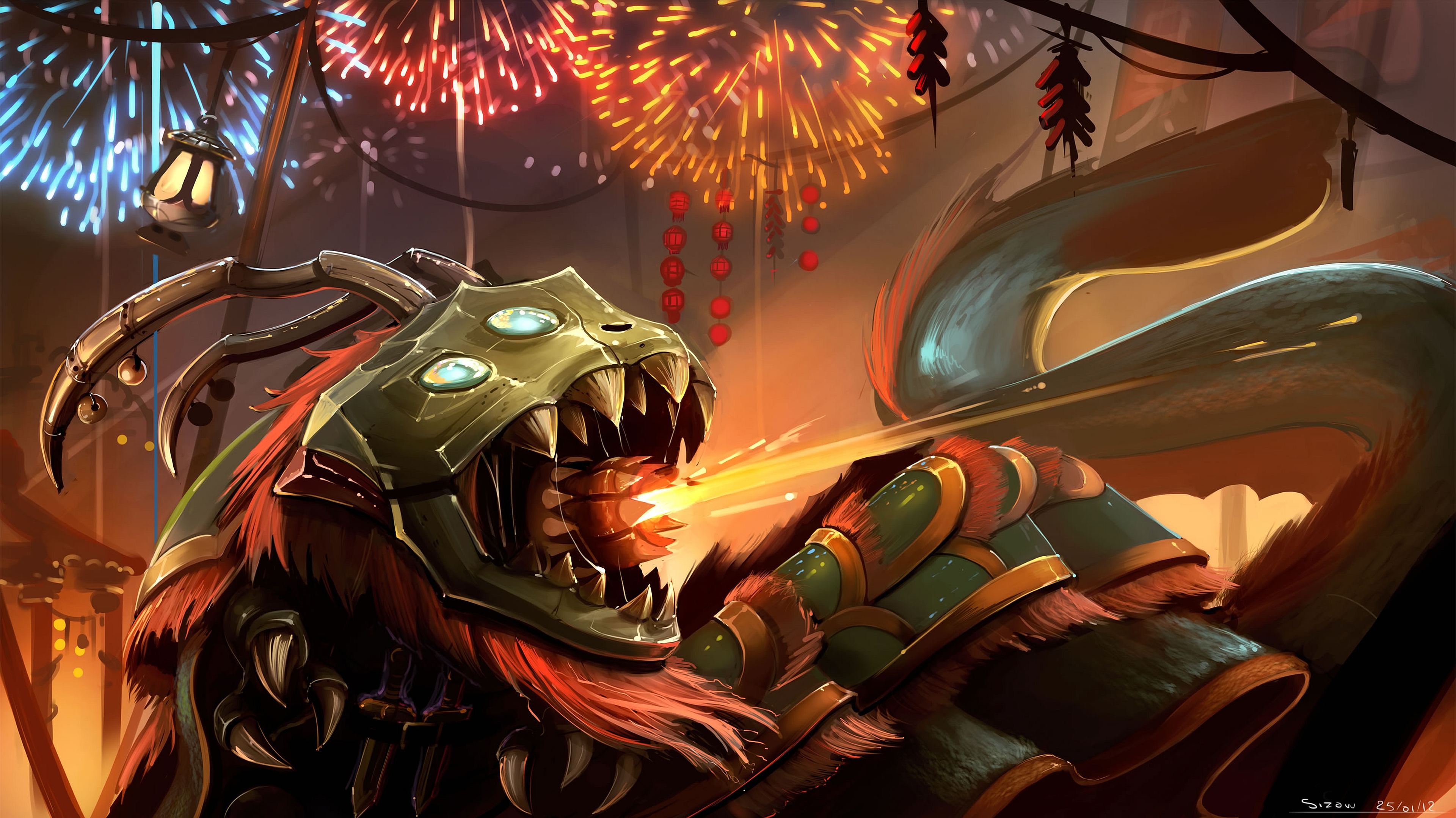 Kog'Maw from League of Legends celebrating with fireworks HD Wallpaper