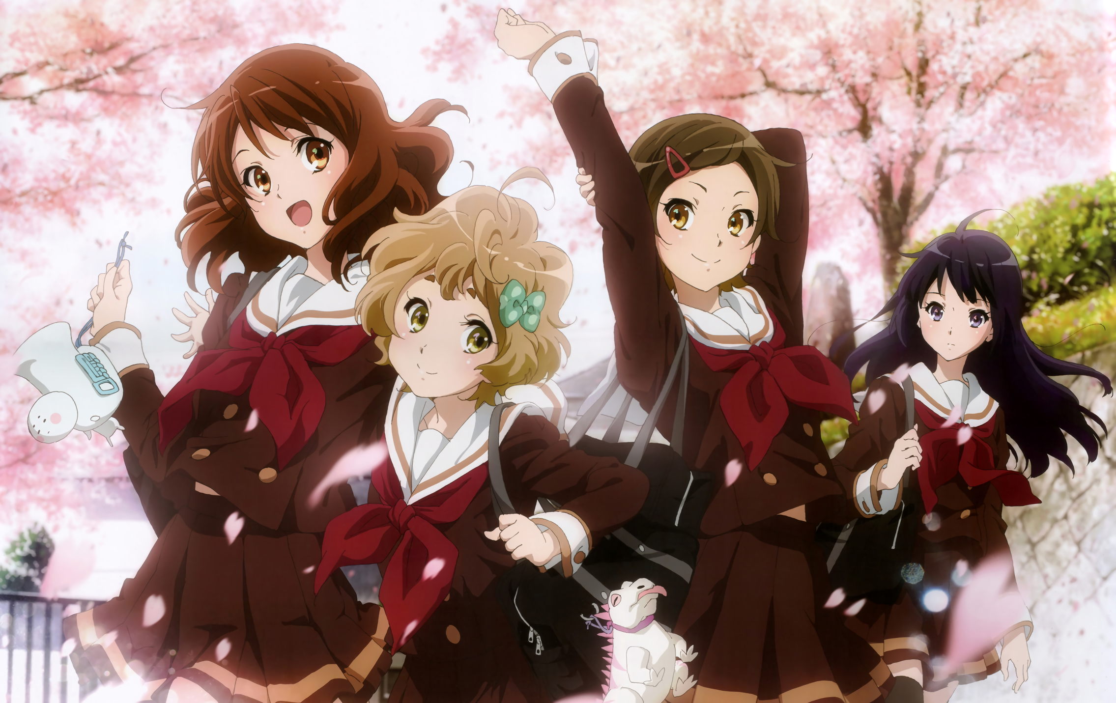 Four girls in school uniforms under cherry blossoms HD Wallpaper