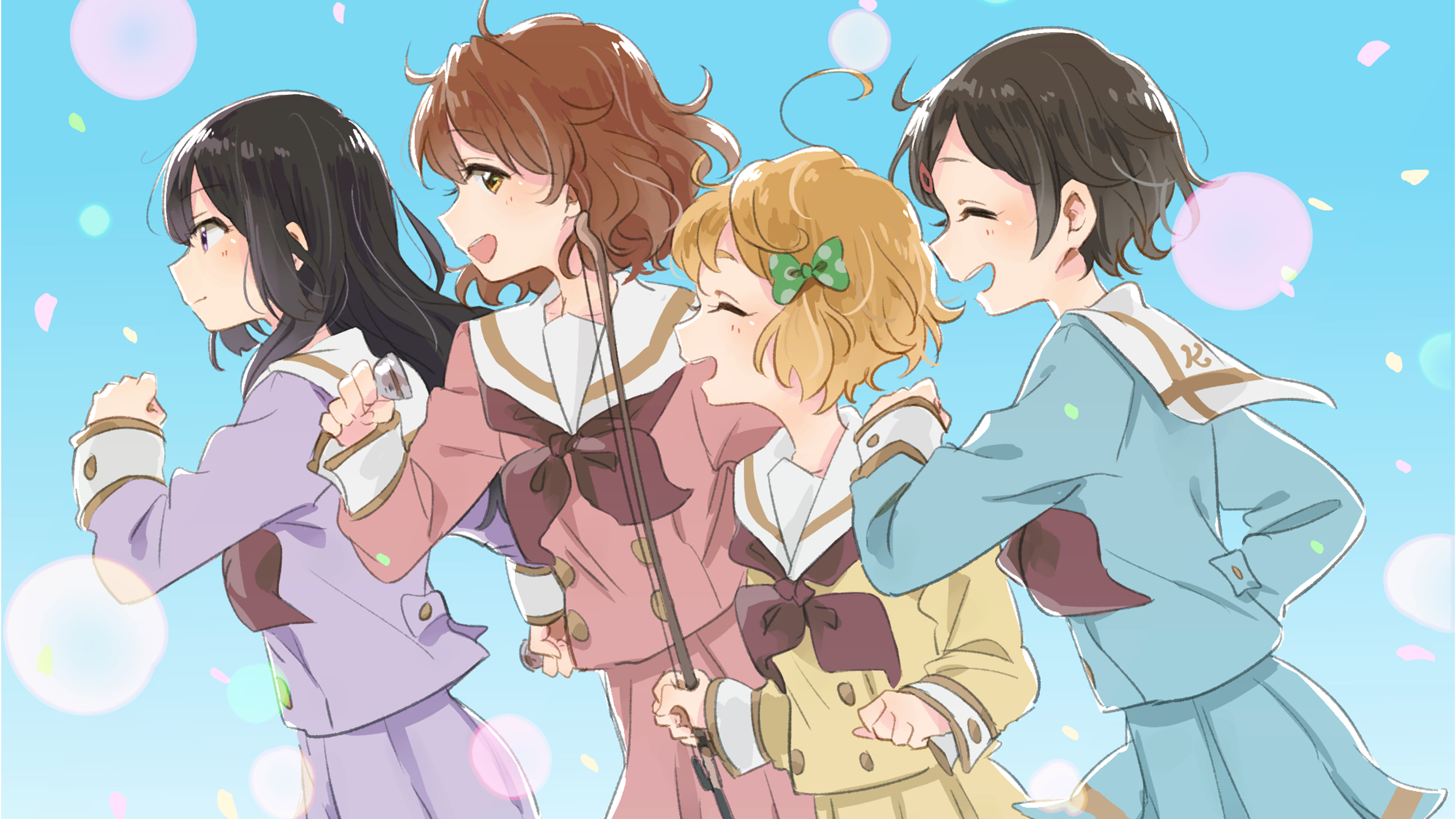 Four girls in school uniforms running HD Wallpaper