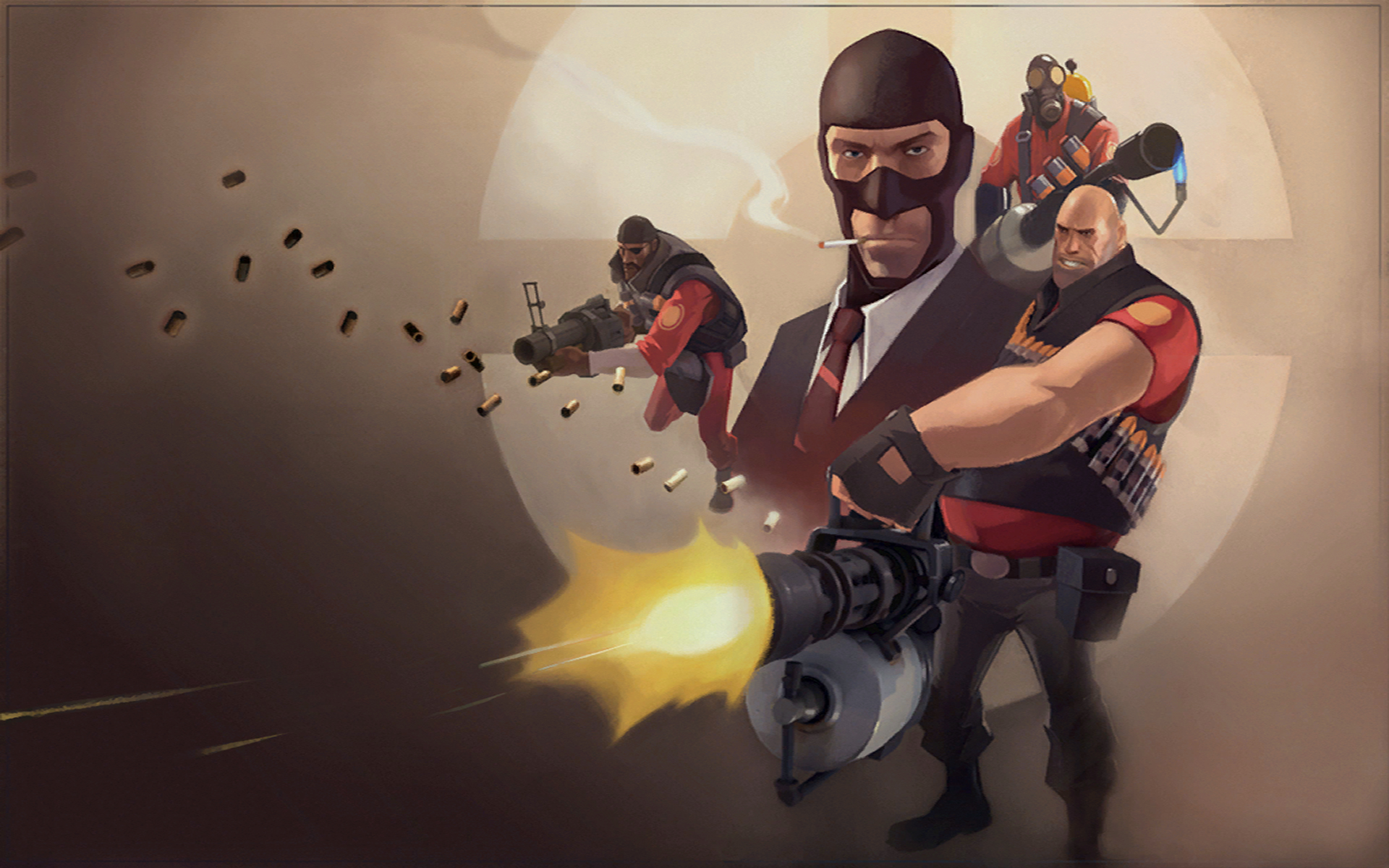 Team Fortress 2 characters with Heavy firing minigun HD Wallpaper