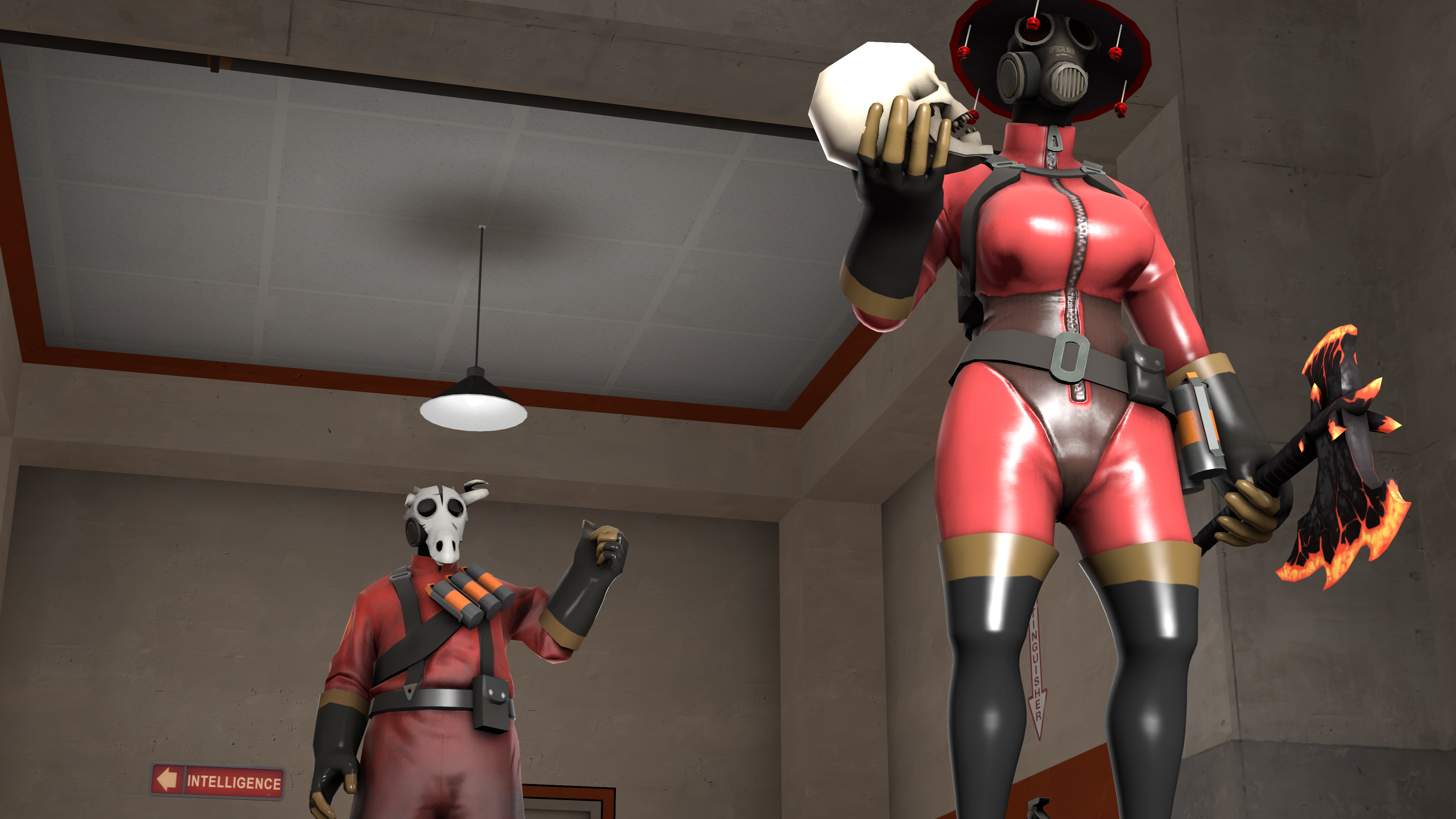 Pyro from Team Fortress holding a skull and an axe HD Wallpaper