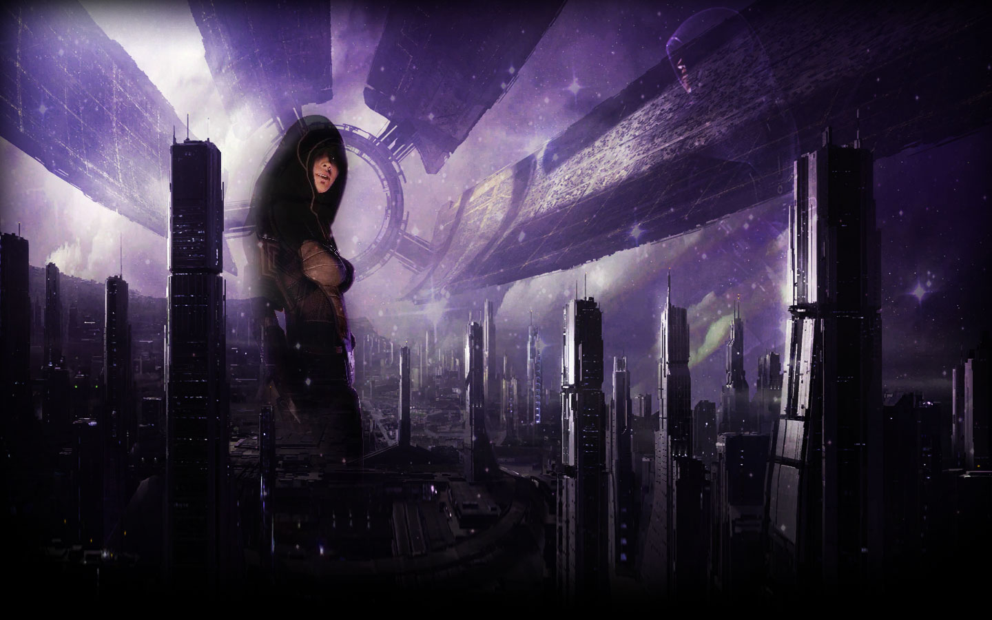 Kasumi Goto from Mass Effect in a futuristic city HD Wallpaper