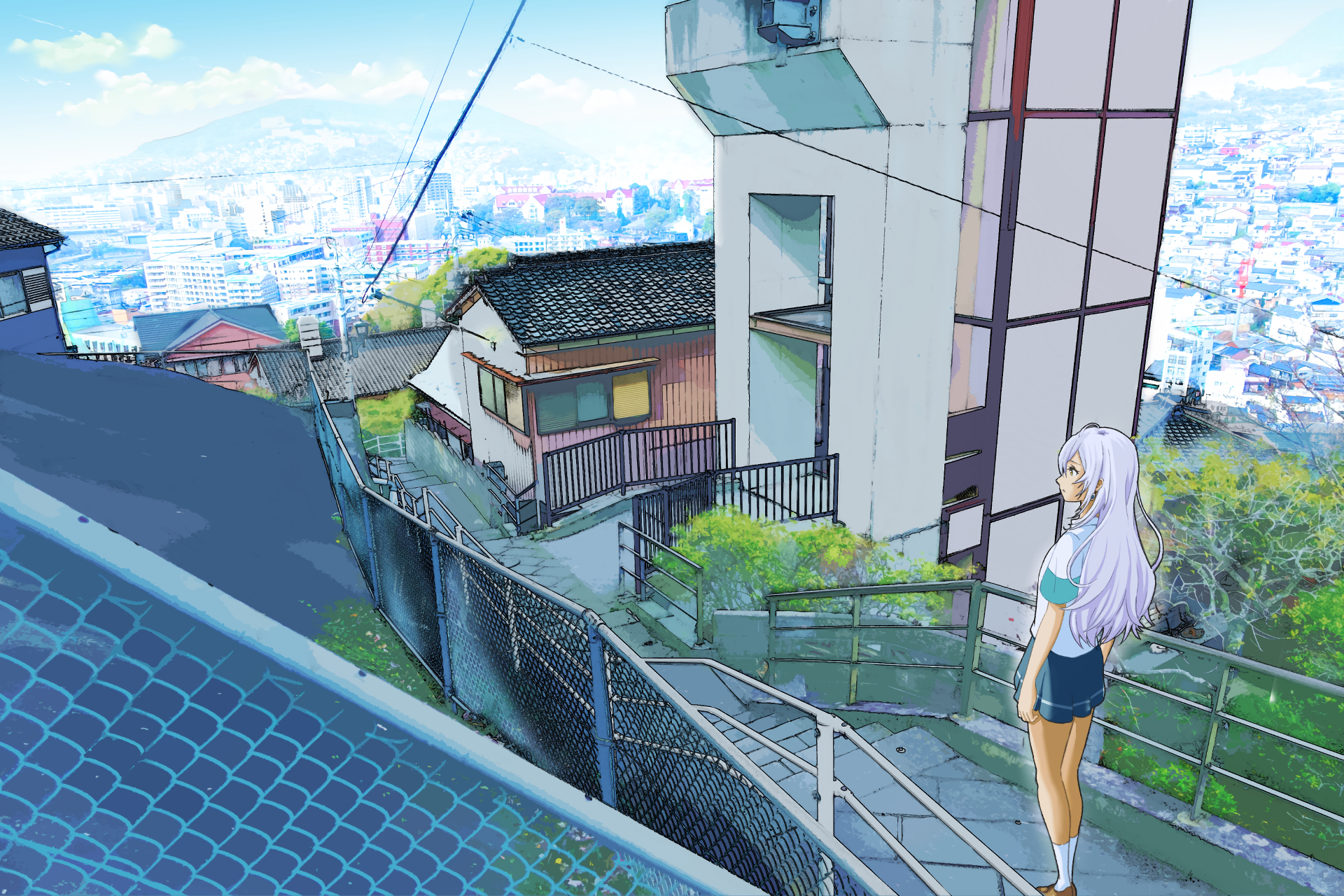 Hitomi Tsukishiro on a Hillside Street HD Wallpaper