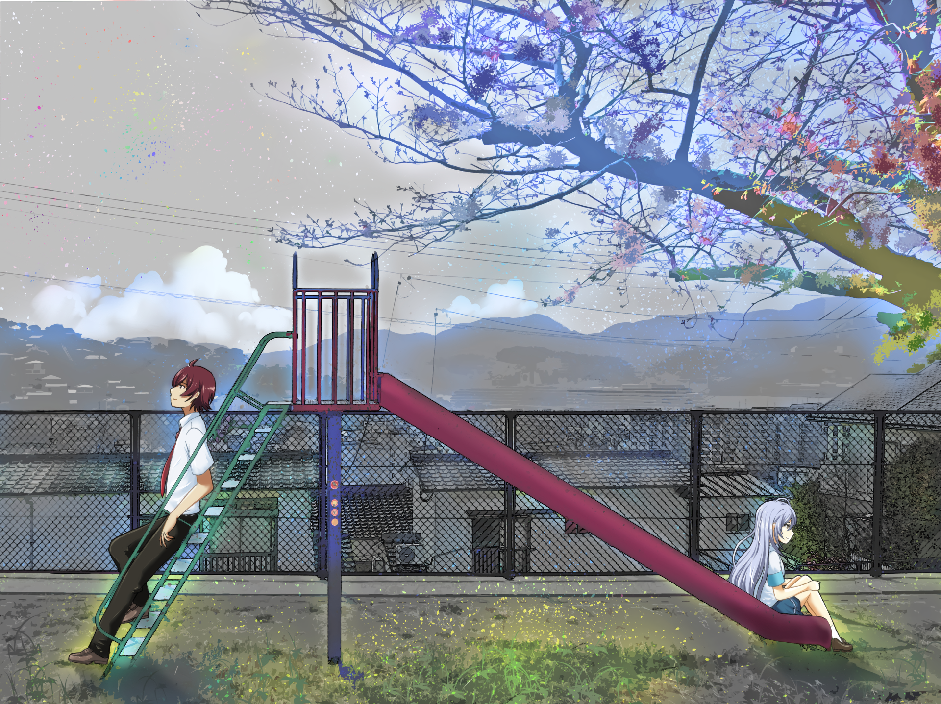 Hitomi Tsukishiro on a playground slide HD Wallpaper