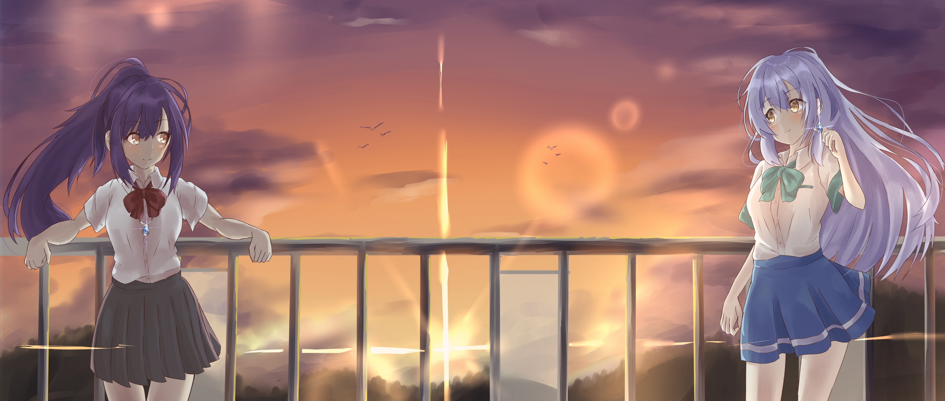 Two anime girls on a balcony at sunset HD Wallpaper