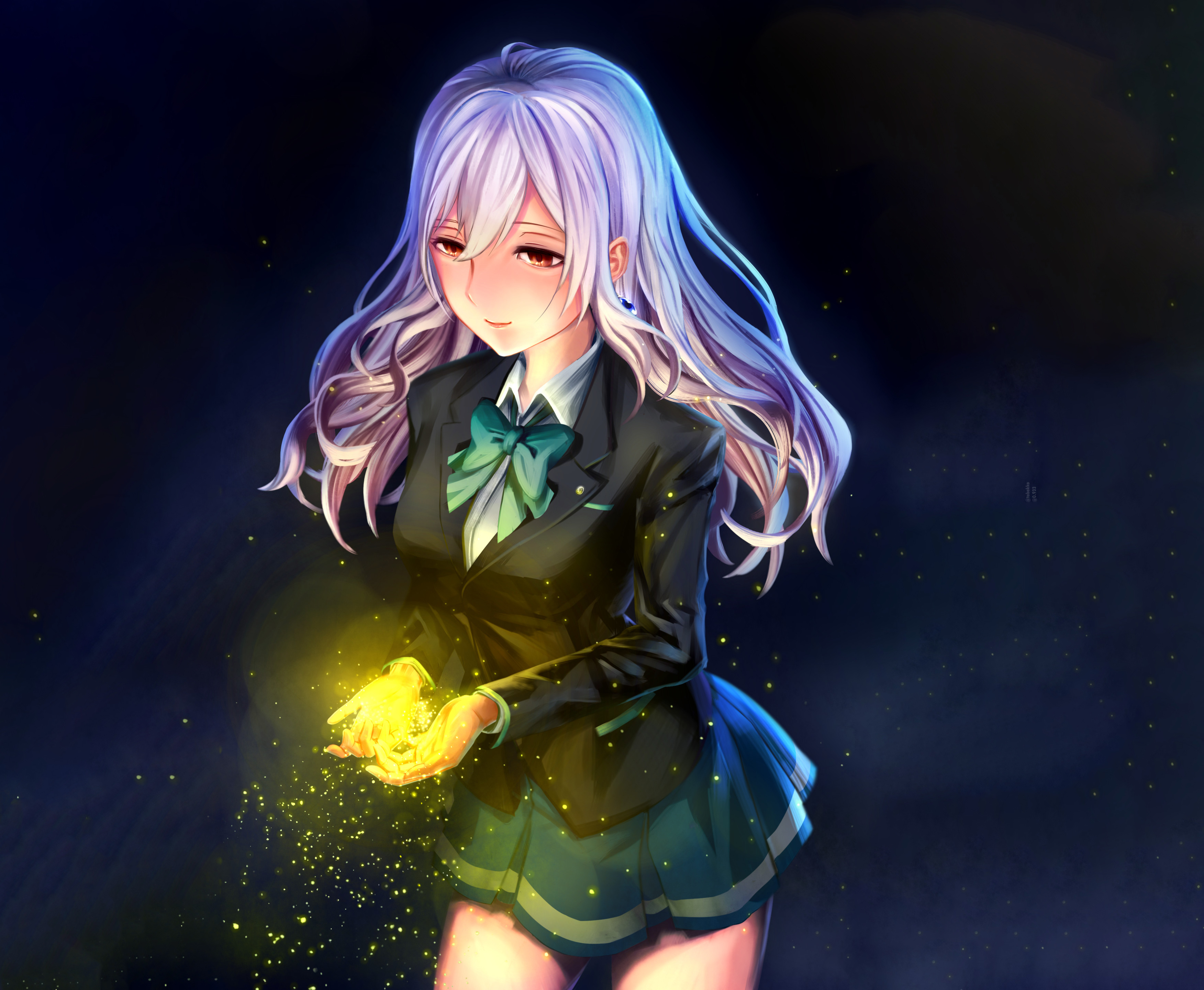 Hitomi Tsukishiro holding glowing particles HD Wallpaper