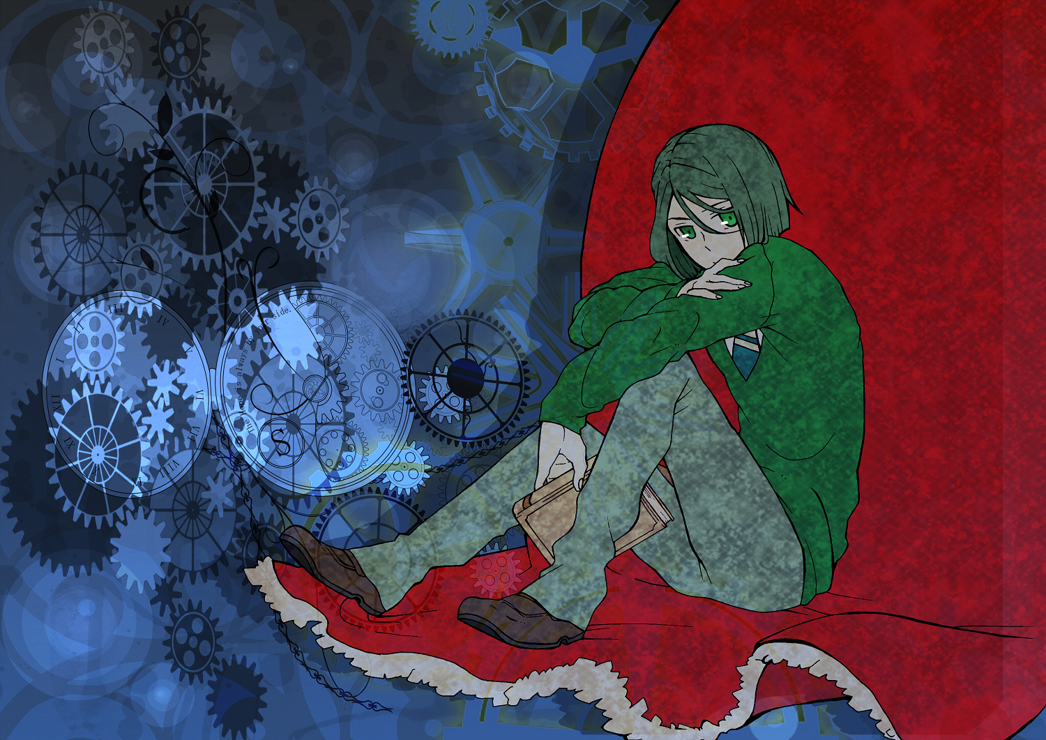 Anime boy with green hair sitting on red fabric with gears background HD Wallpaper