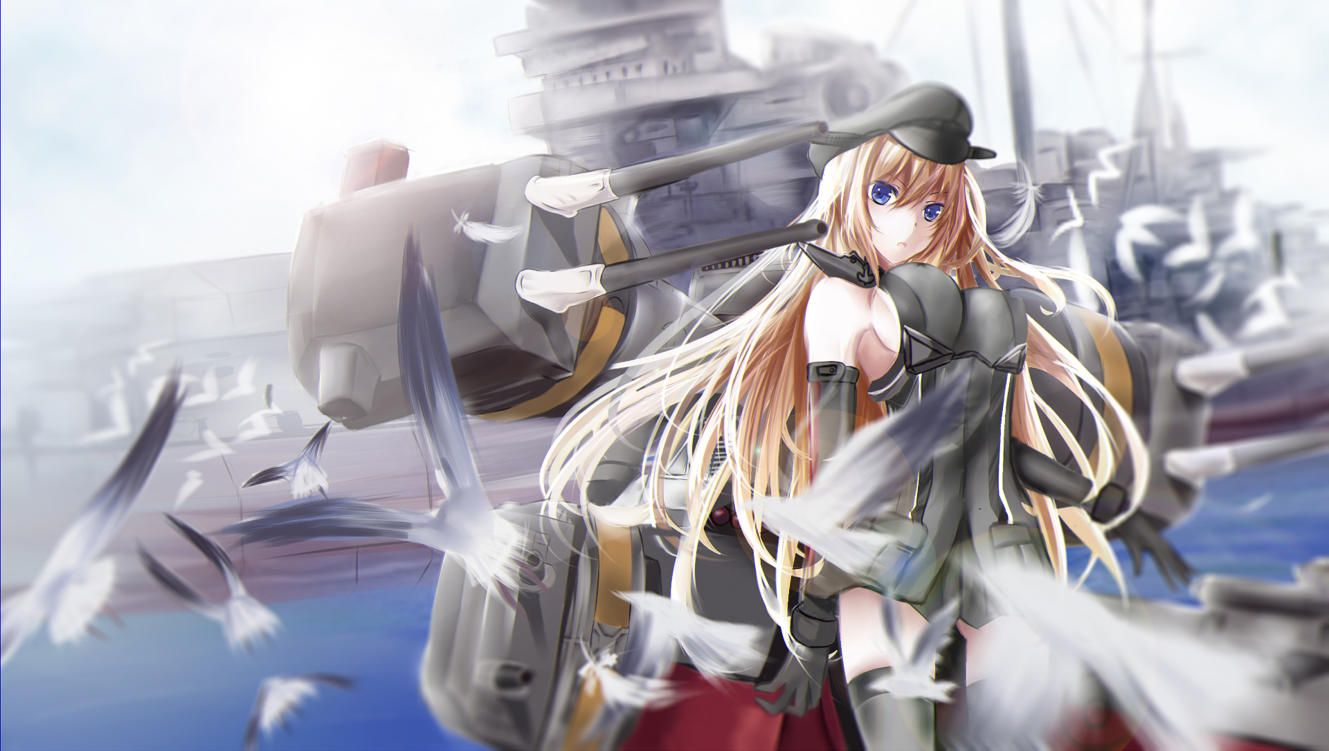 Bismarck from Kancolle with seagulls HD Wallpaper