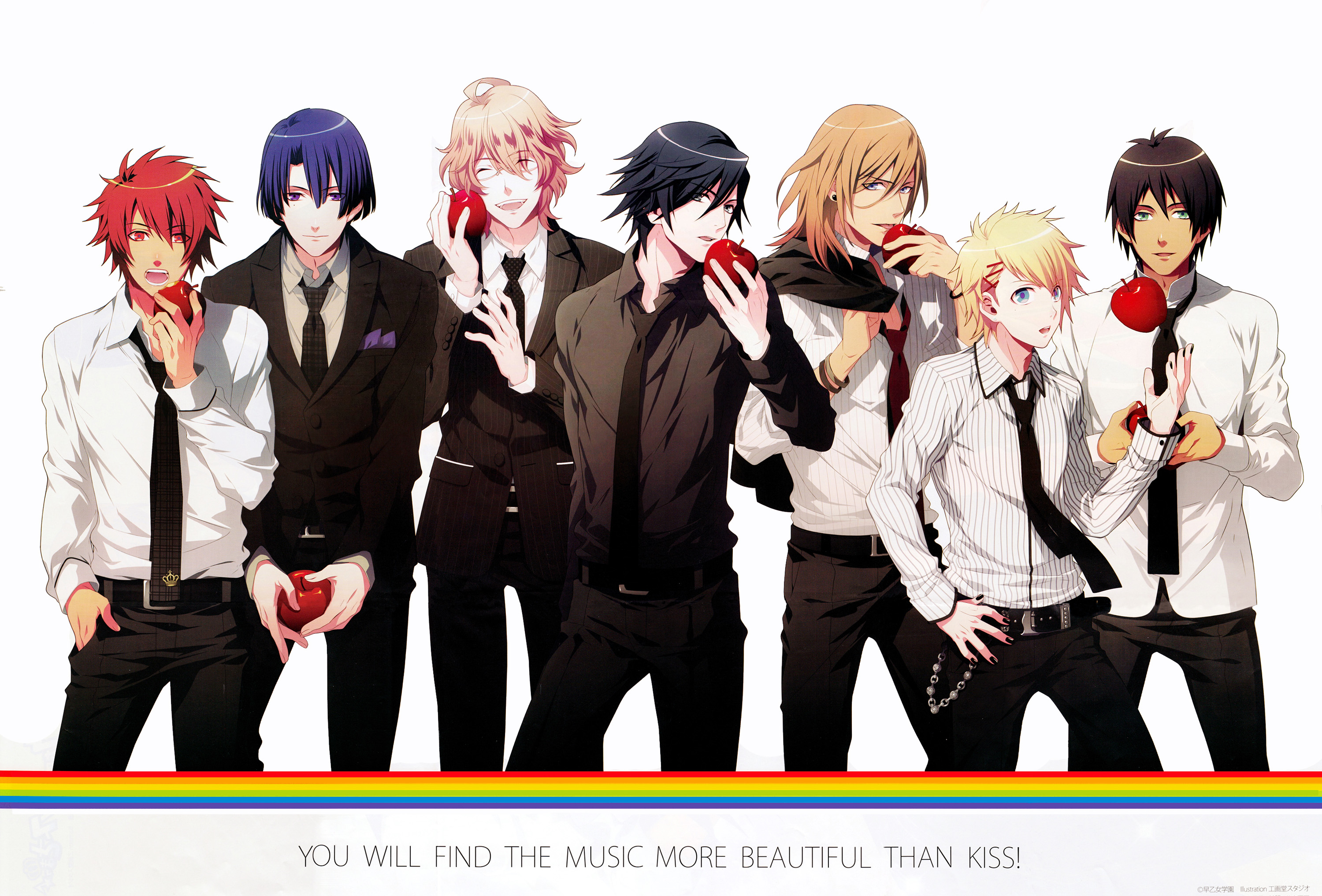 Seven men in suits holding apples HD Wallpaper