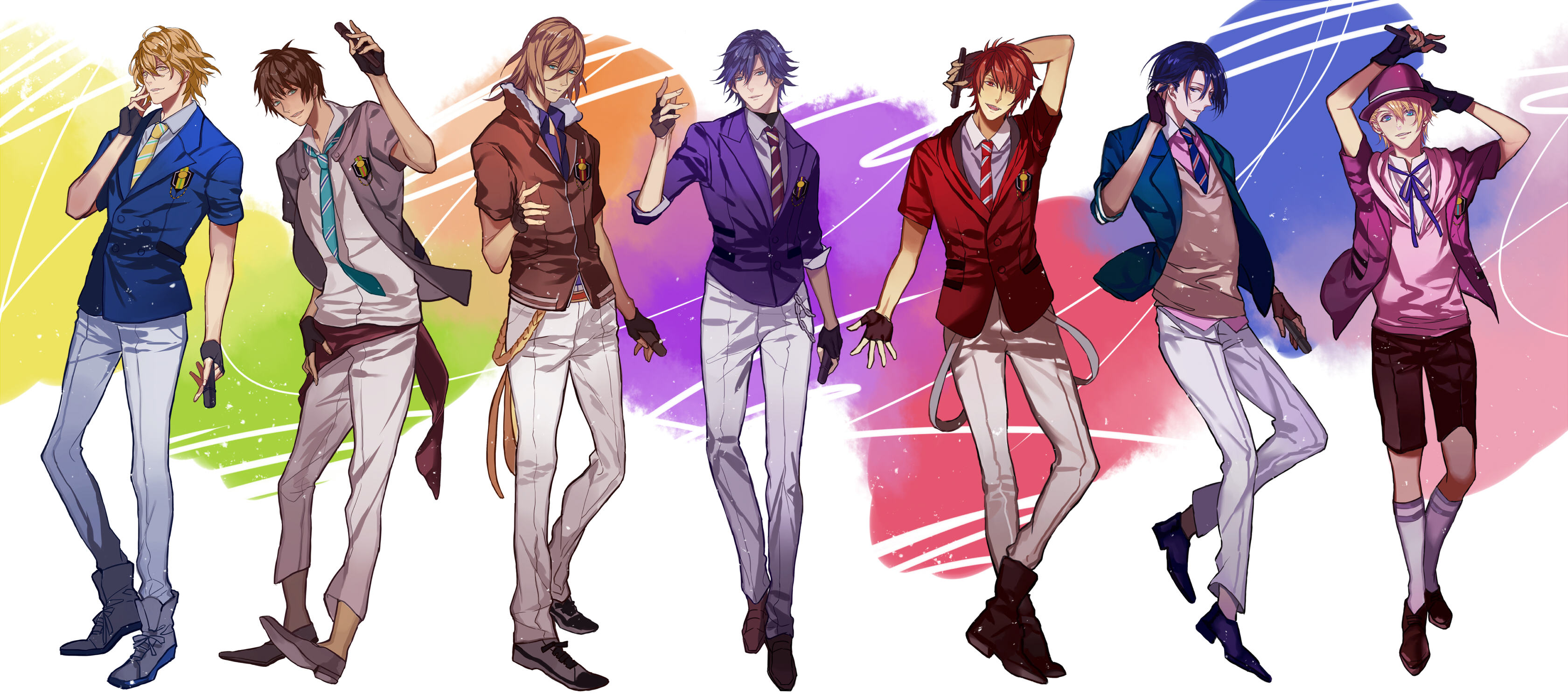 Group of seven anime boys in stylish outfits HD Wallpaper