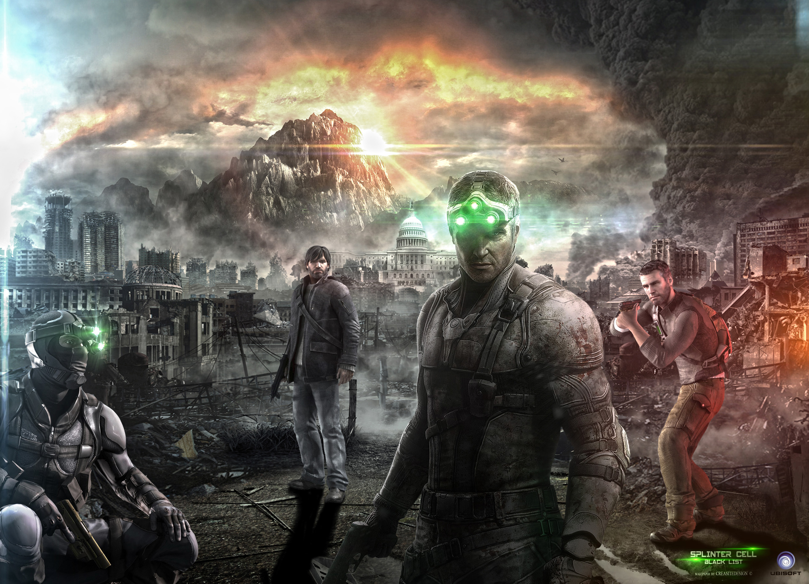 Sam Fisher and allies in a destroyed city HD Wallpaper