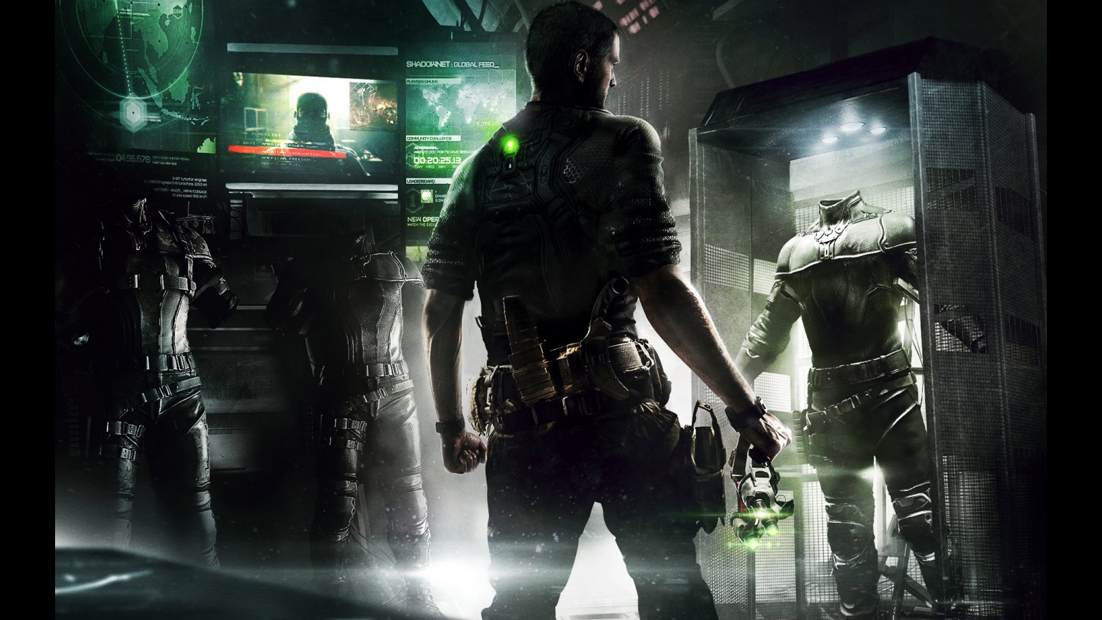 Sam Fisher and soldiers in a high-tech facility HD Wallpaper