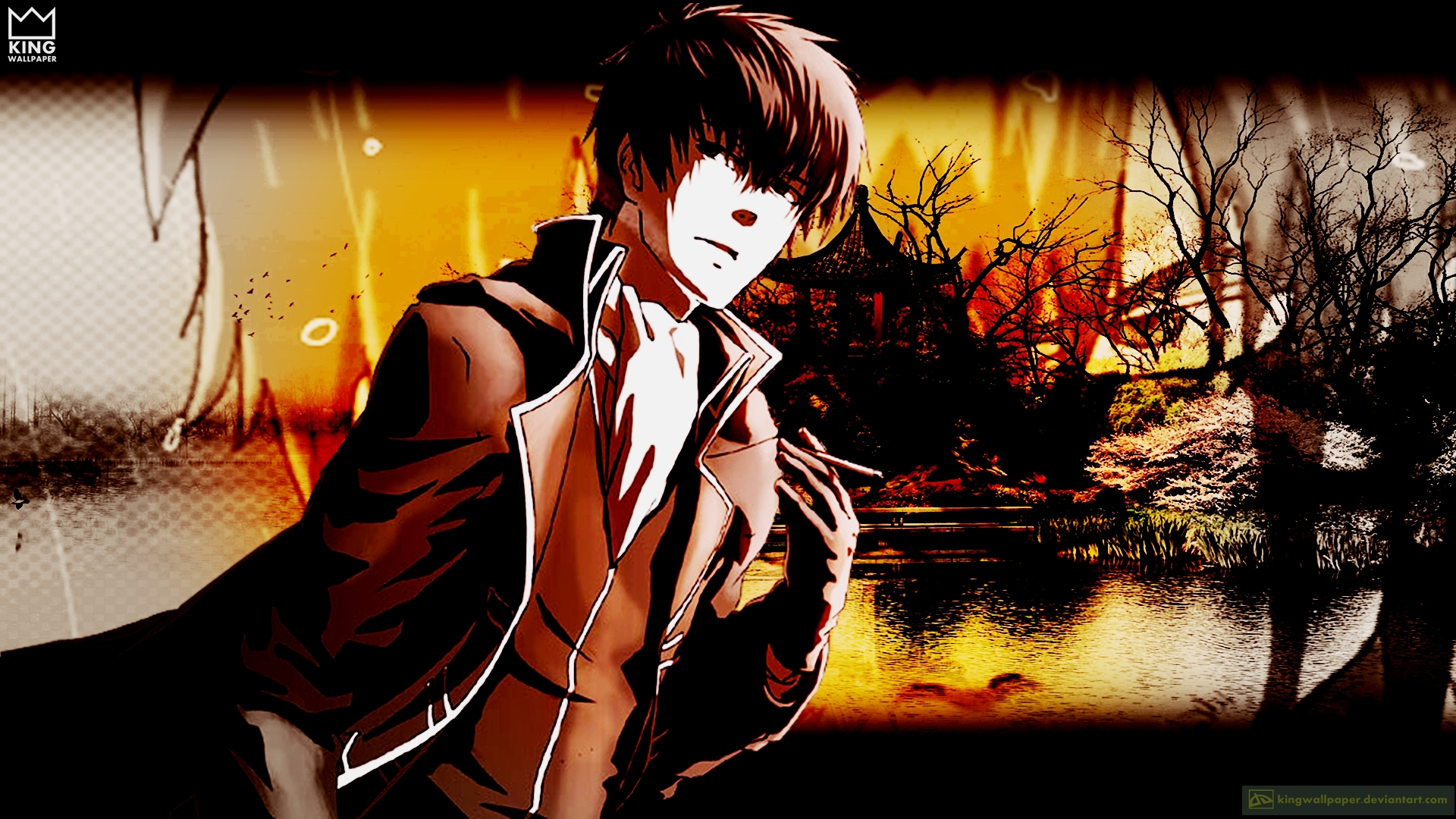 Toushirou Hijikata smoking in a dark forest HD Wallpaper
