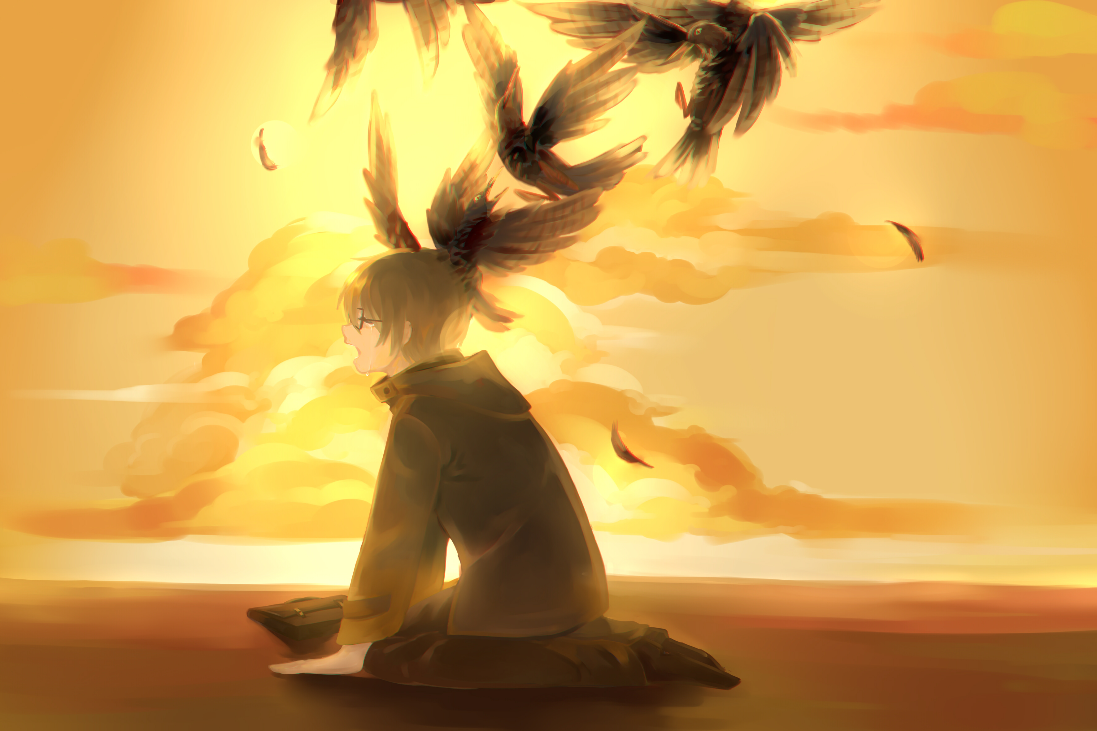 Rei Kiriyama with birds HD Wallpaper