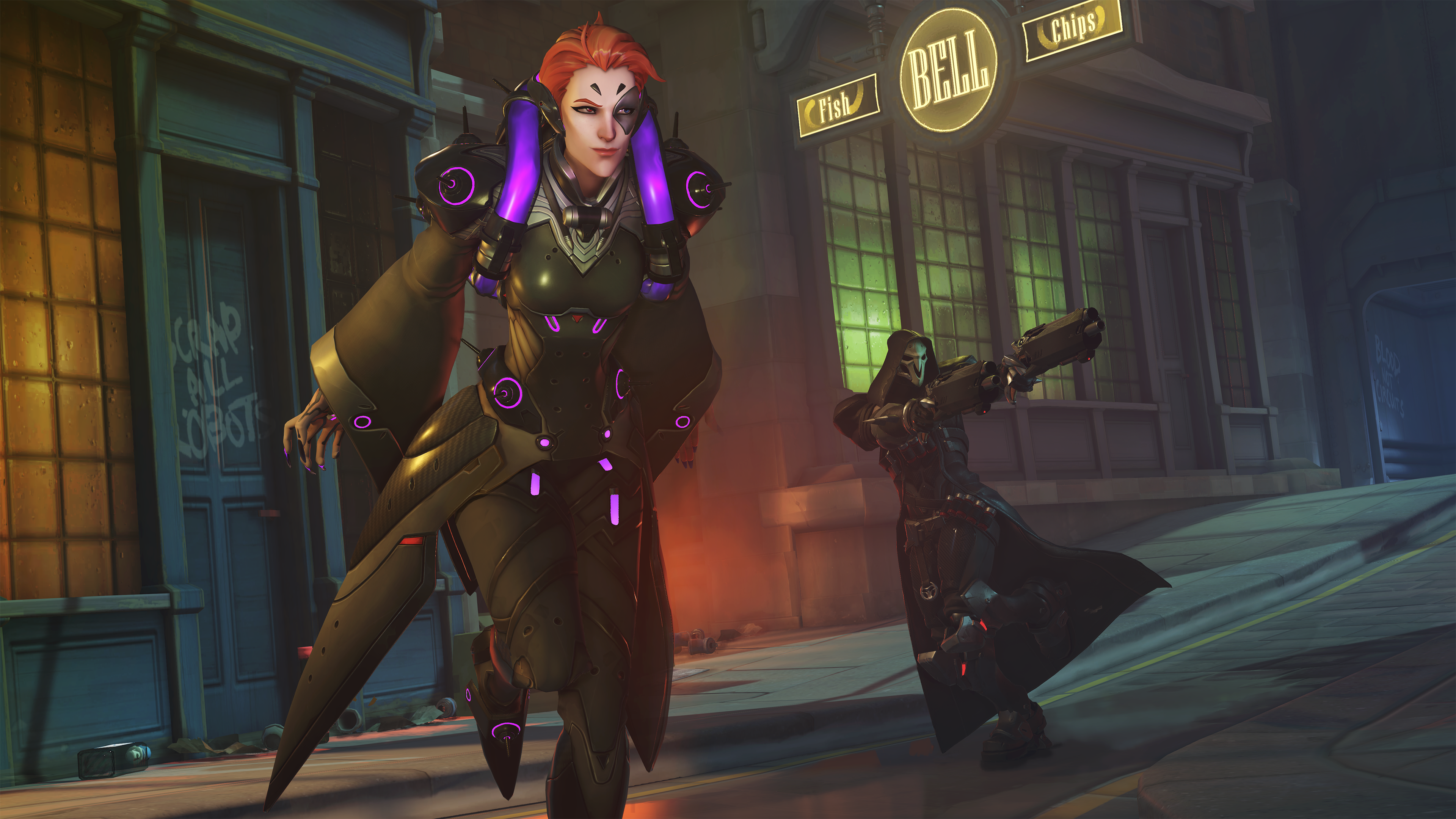 Moira and Reaper from Overwatch in a city alley HD Wallpaper