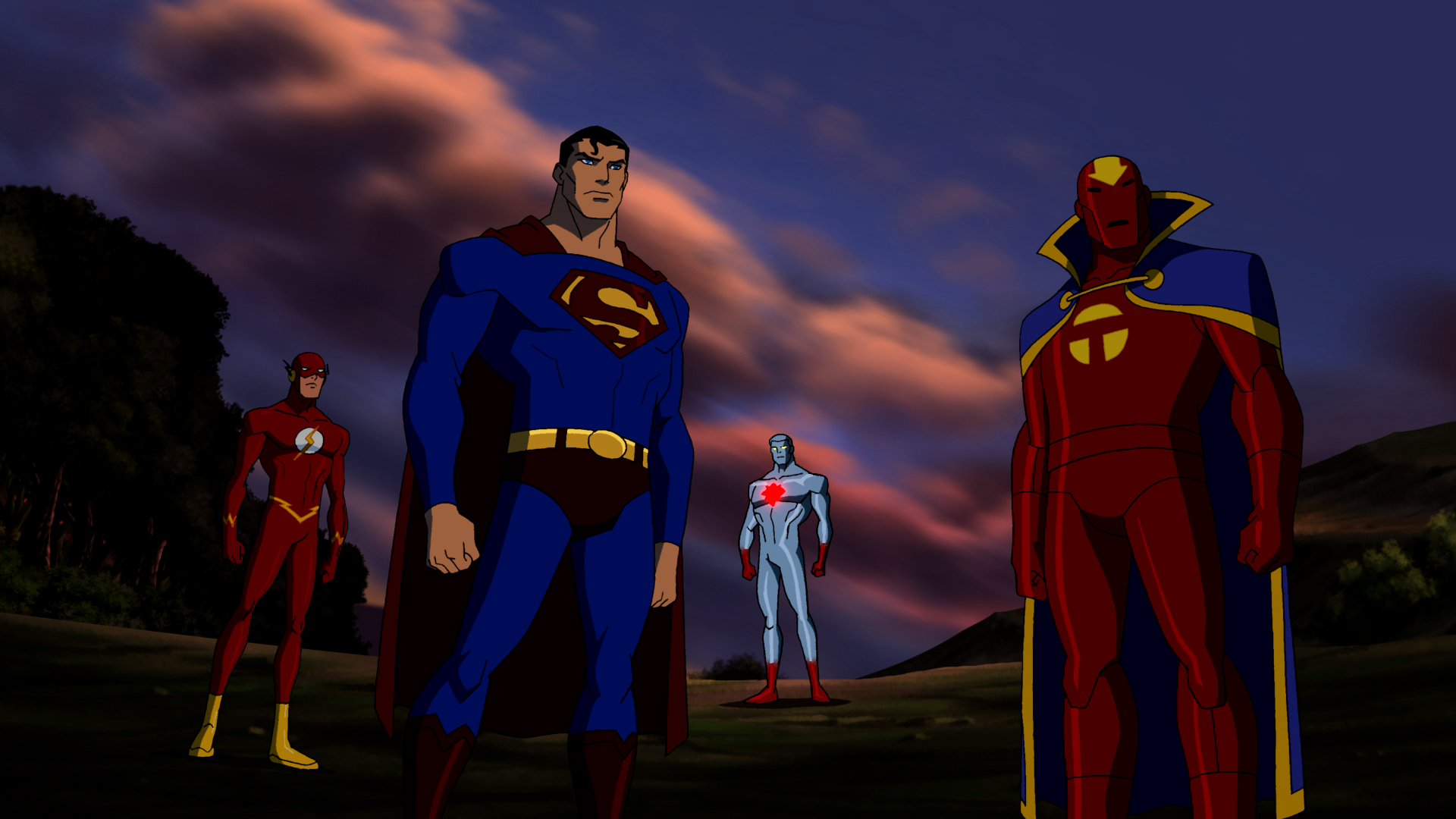 Superman, Flash, Atom, and Red Tornado stand in a field HD Wallpaper