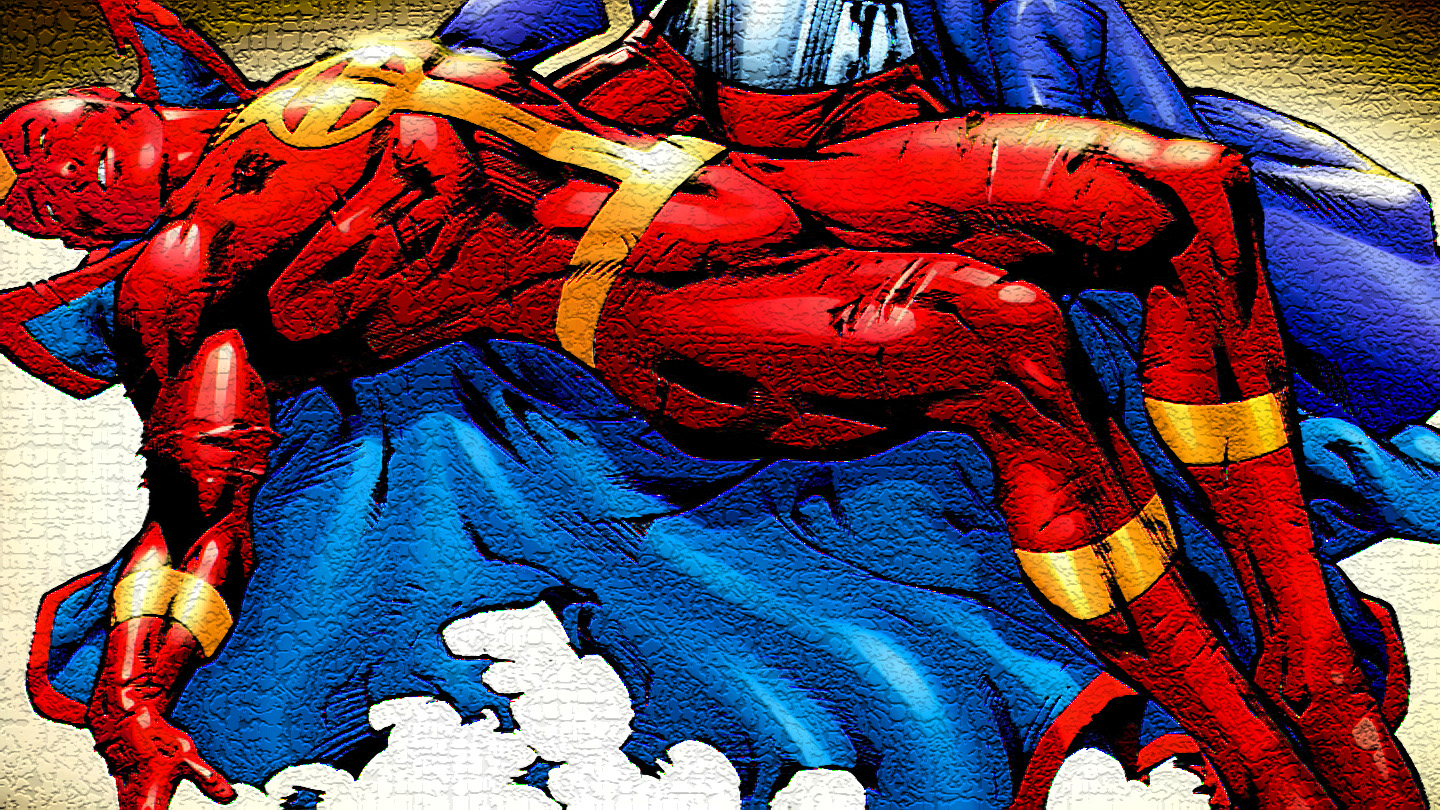 Red Tornado carried by a blue-clad figure HD Wallpaper