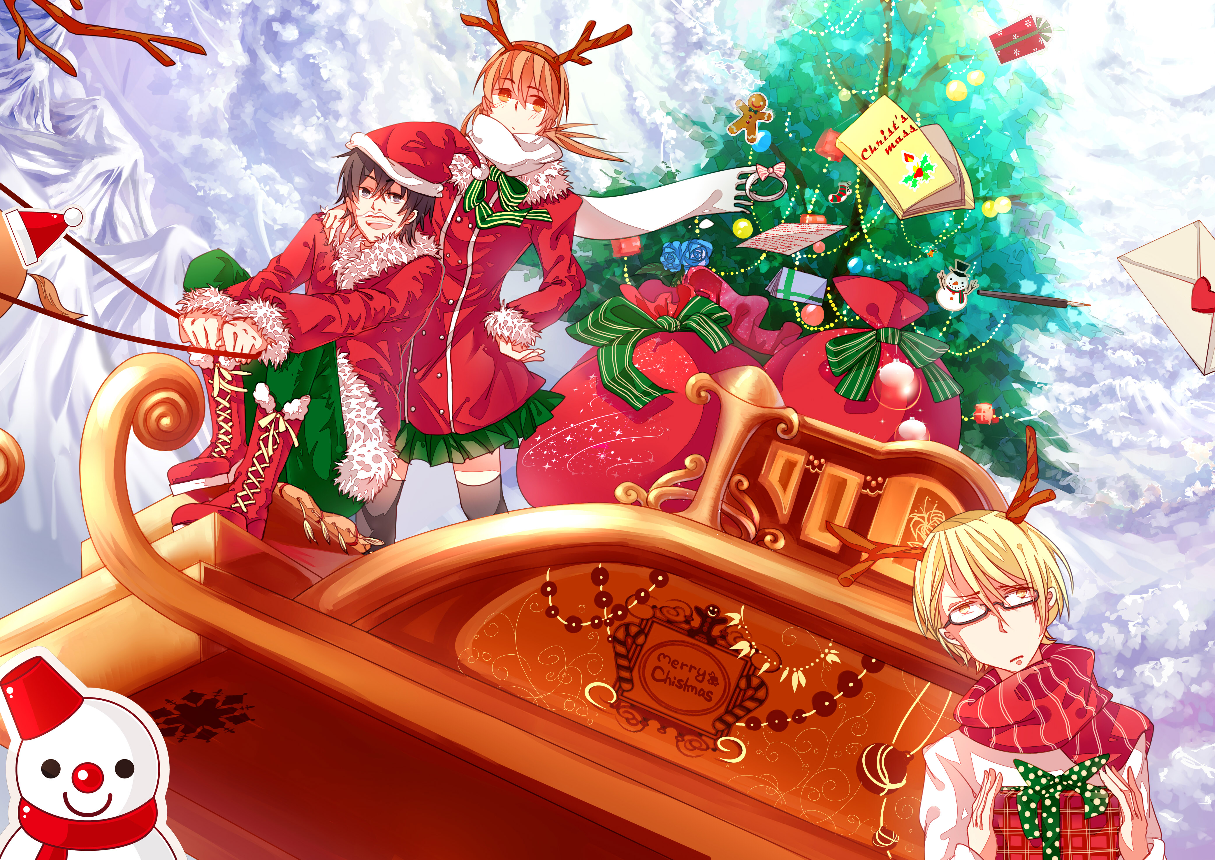 Christmas Sleigh with Characters and Tree HD Wallpaper