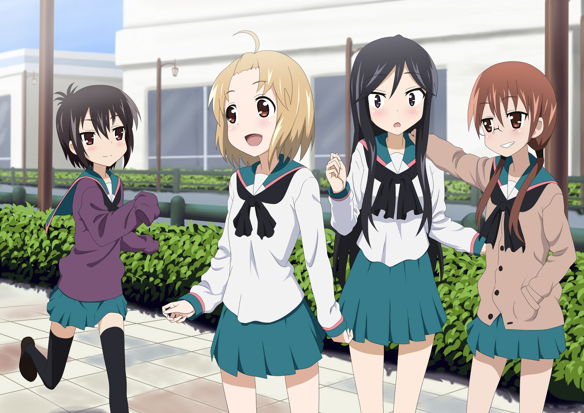 Four schoolgirls in uniform standing outside HD Wallpaper