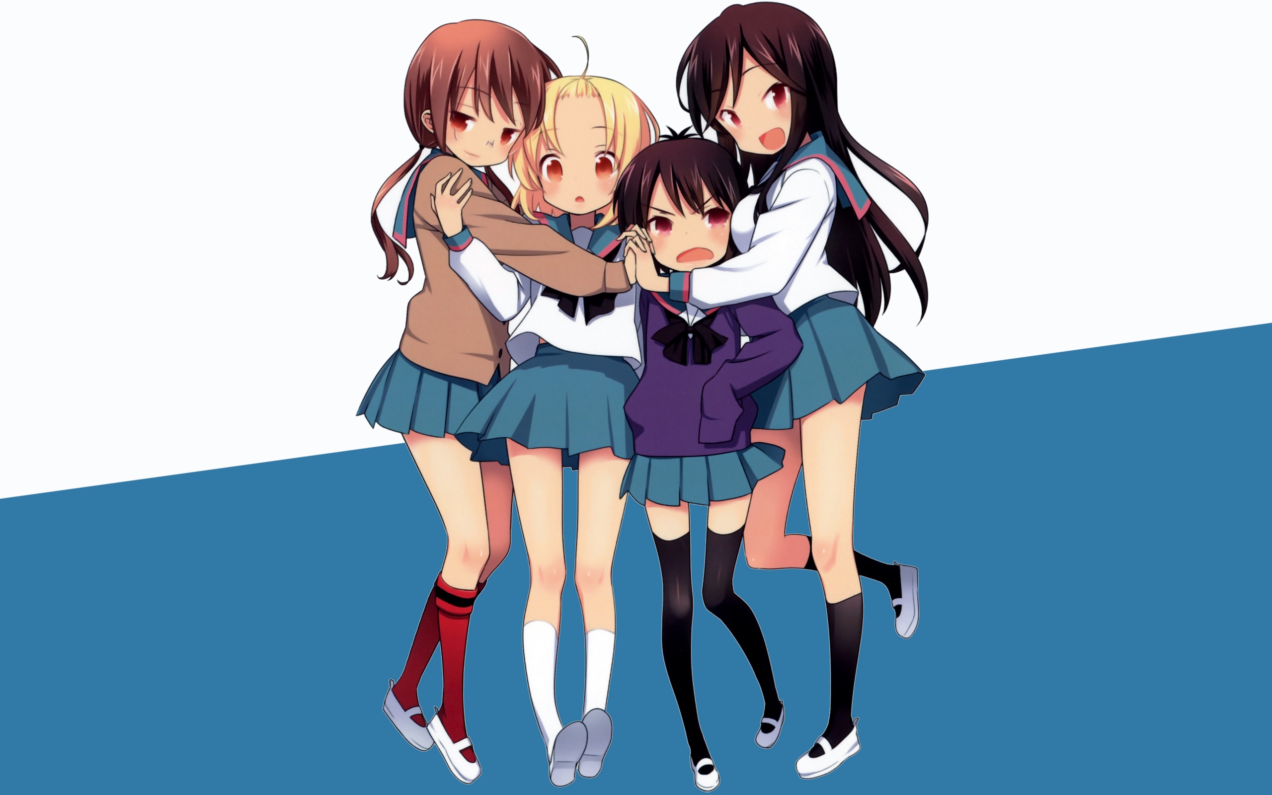 Four anime girls in school uniforms hugging HD Wallpaper