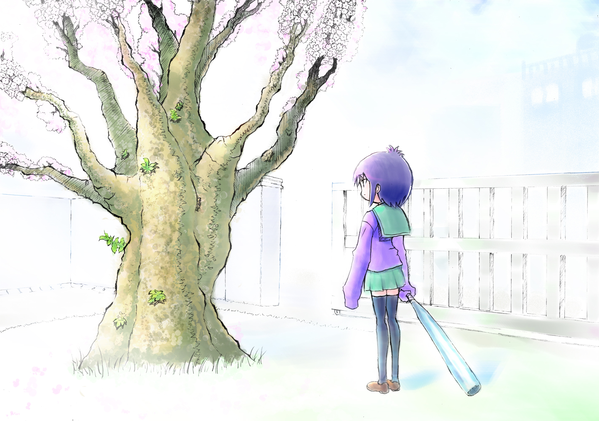 Girl with baseball bat under cherry blossom tree HD Wallpaper