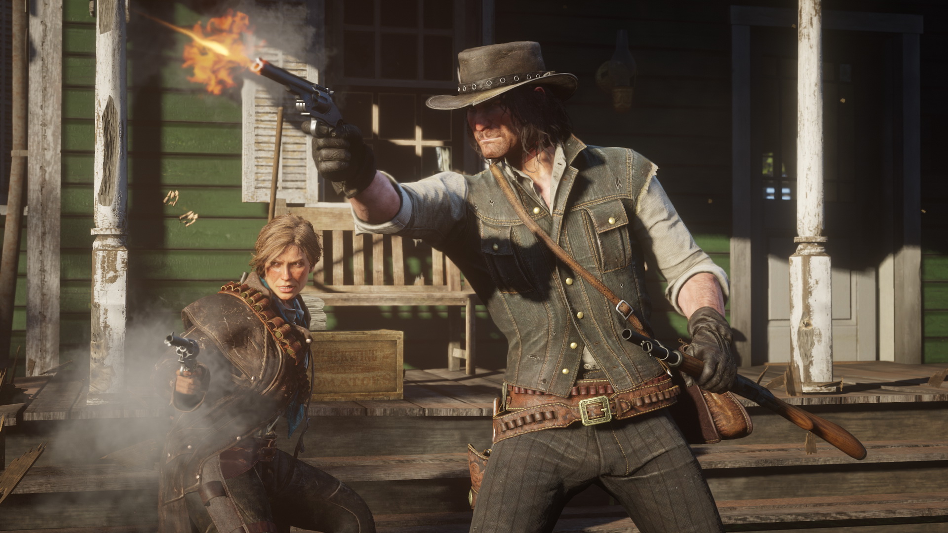 John Marston and woman shooting guns HD Wallpaper
