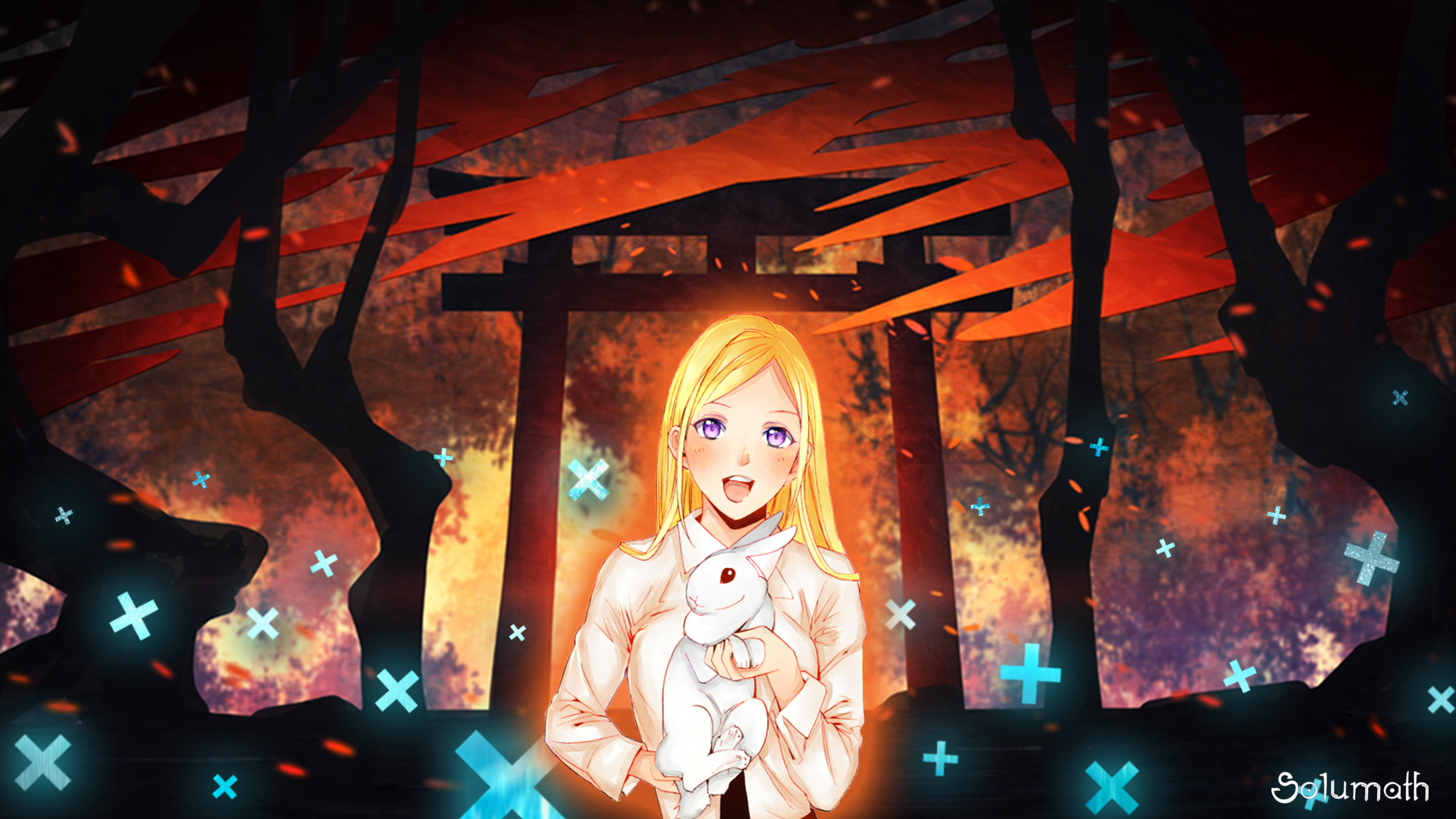 Anime girl holding a white rabbit in front of a torii gate HD Wallpaper