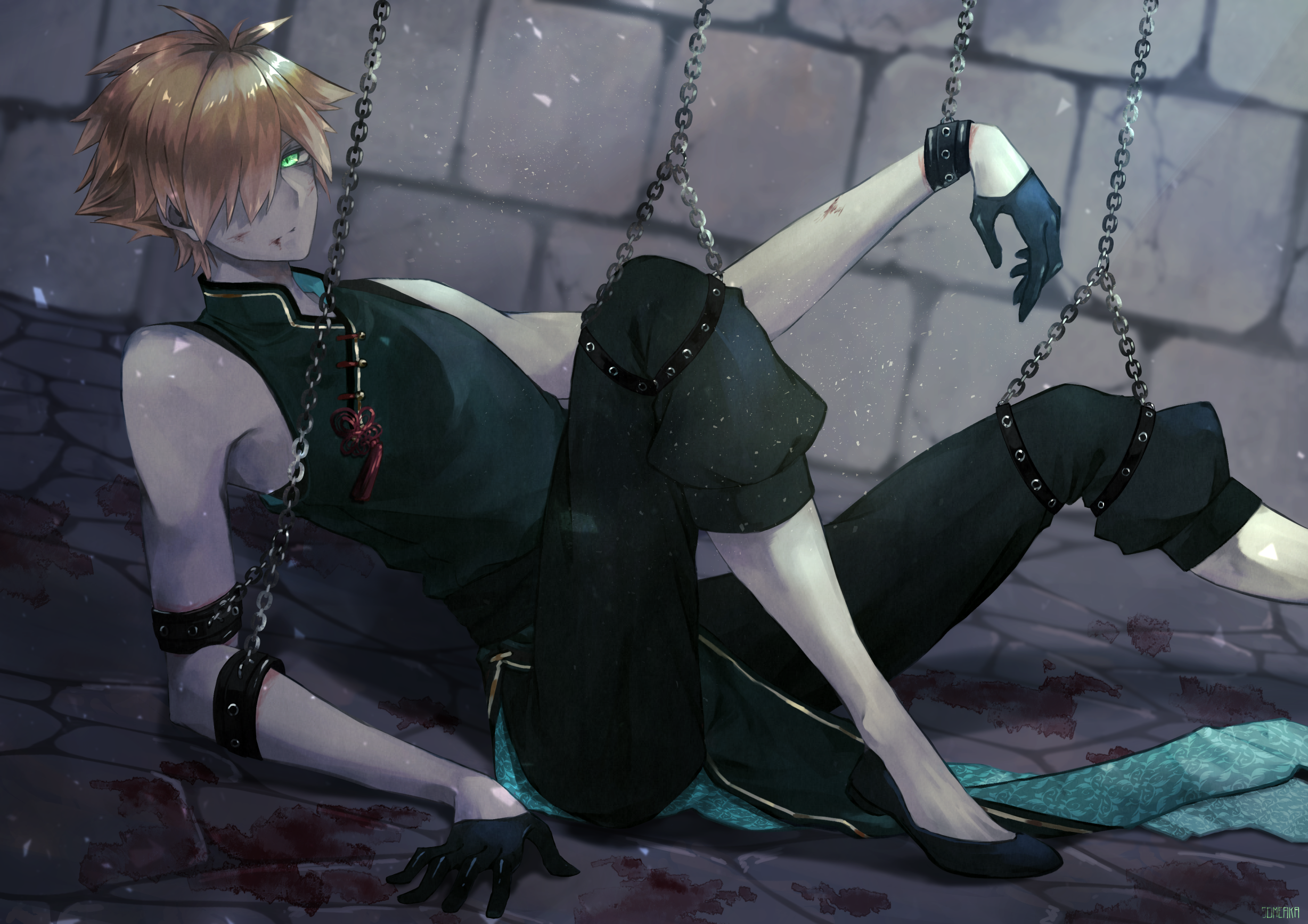 Chained anime boy with green eyes HD Wallpaper