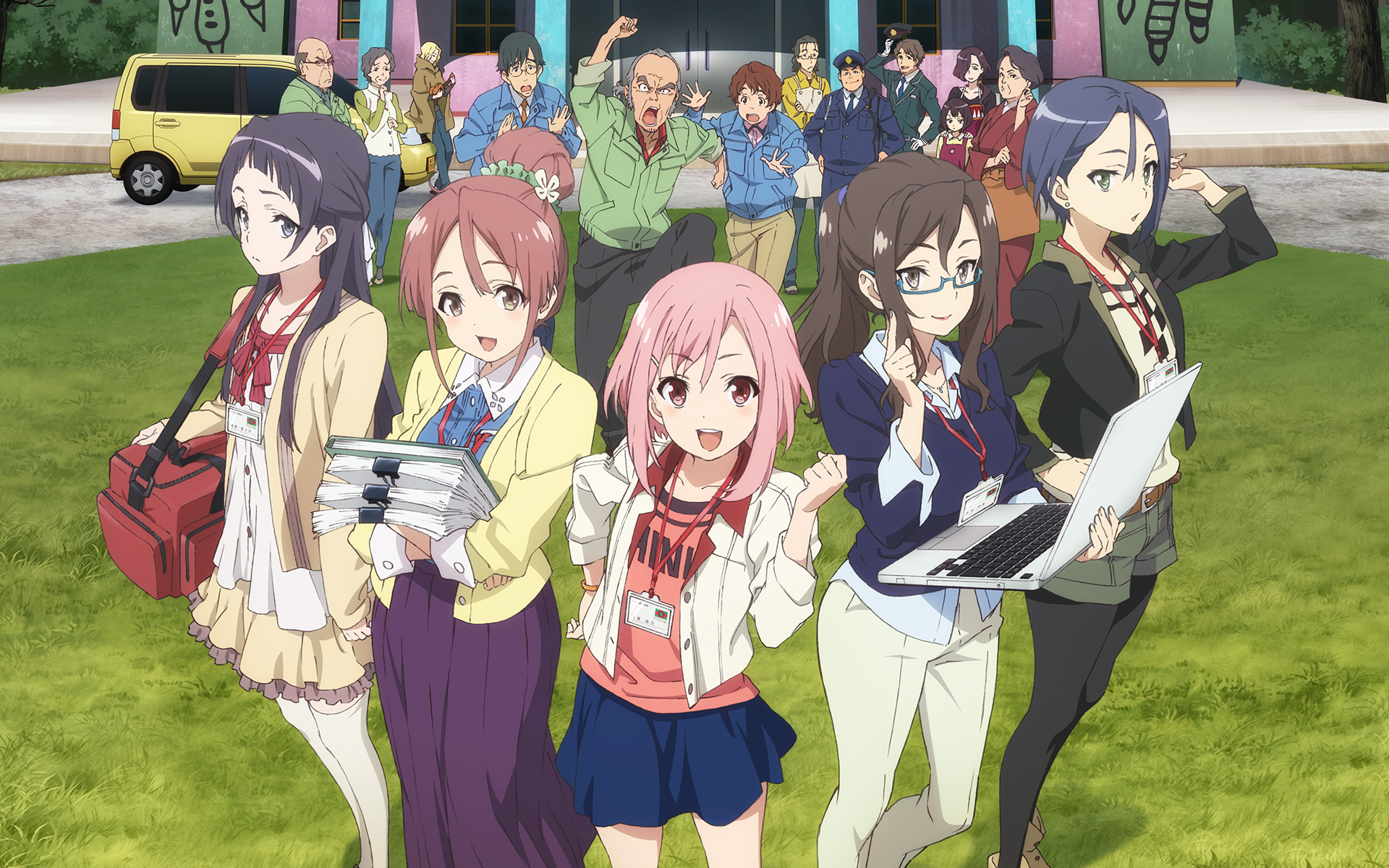 Yoshino Koharu and friends in front of a building HD Wallpaper