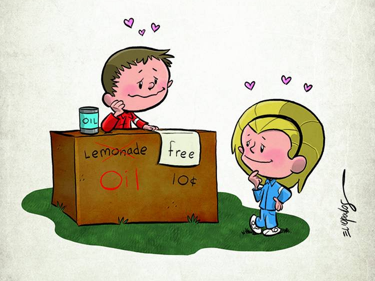 Boy selling oil from lemonade stand HD Wallpaper