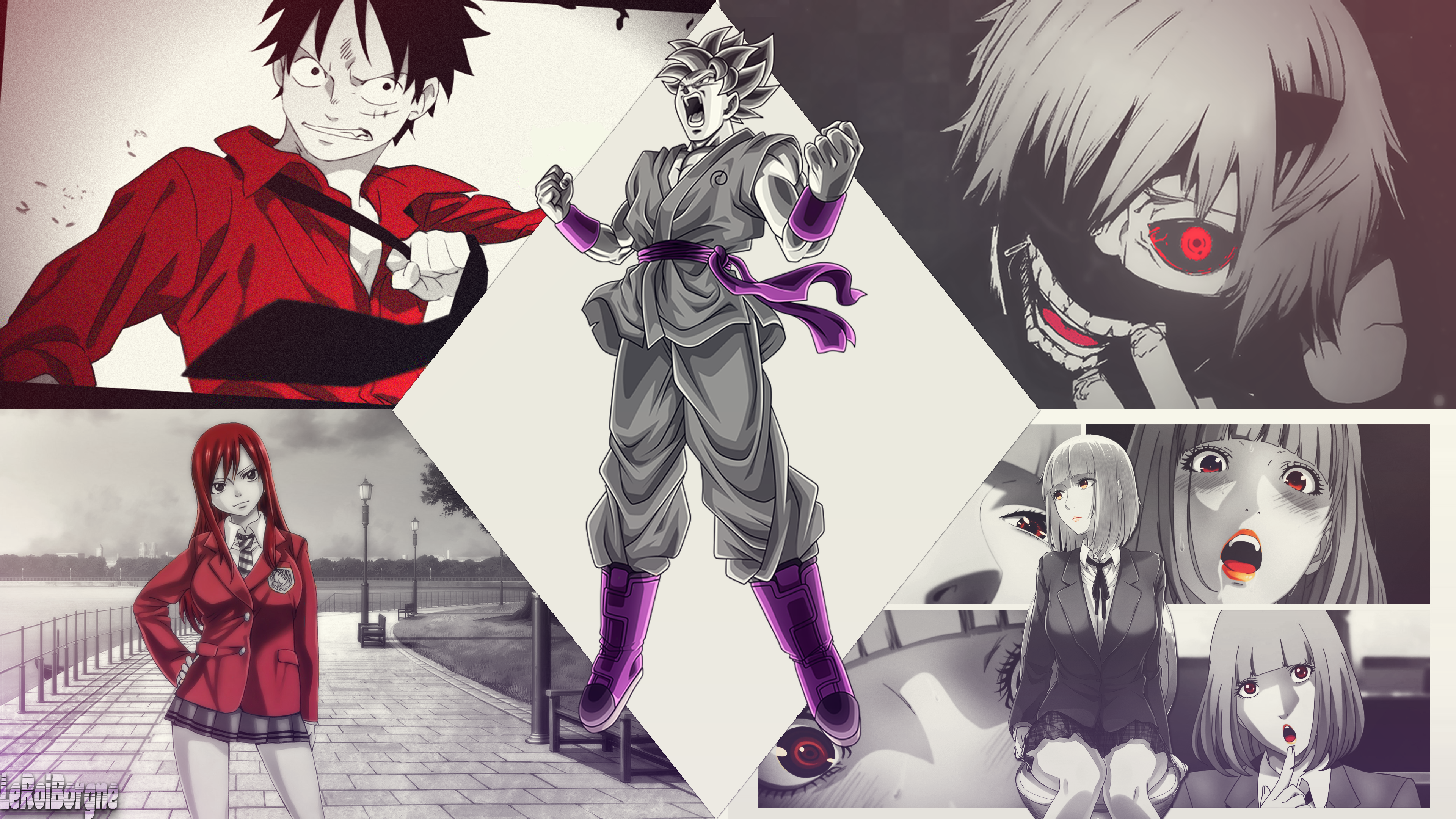 Anime collage featuring Goku, Luffy, Erza, and characters from Tokyo Ghoul and Prison School HD Wallpaper
