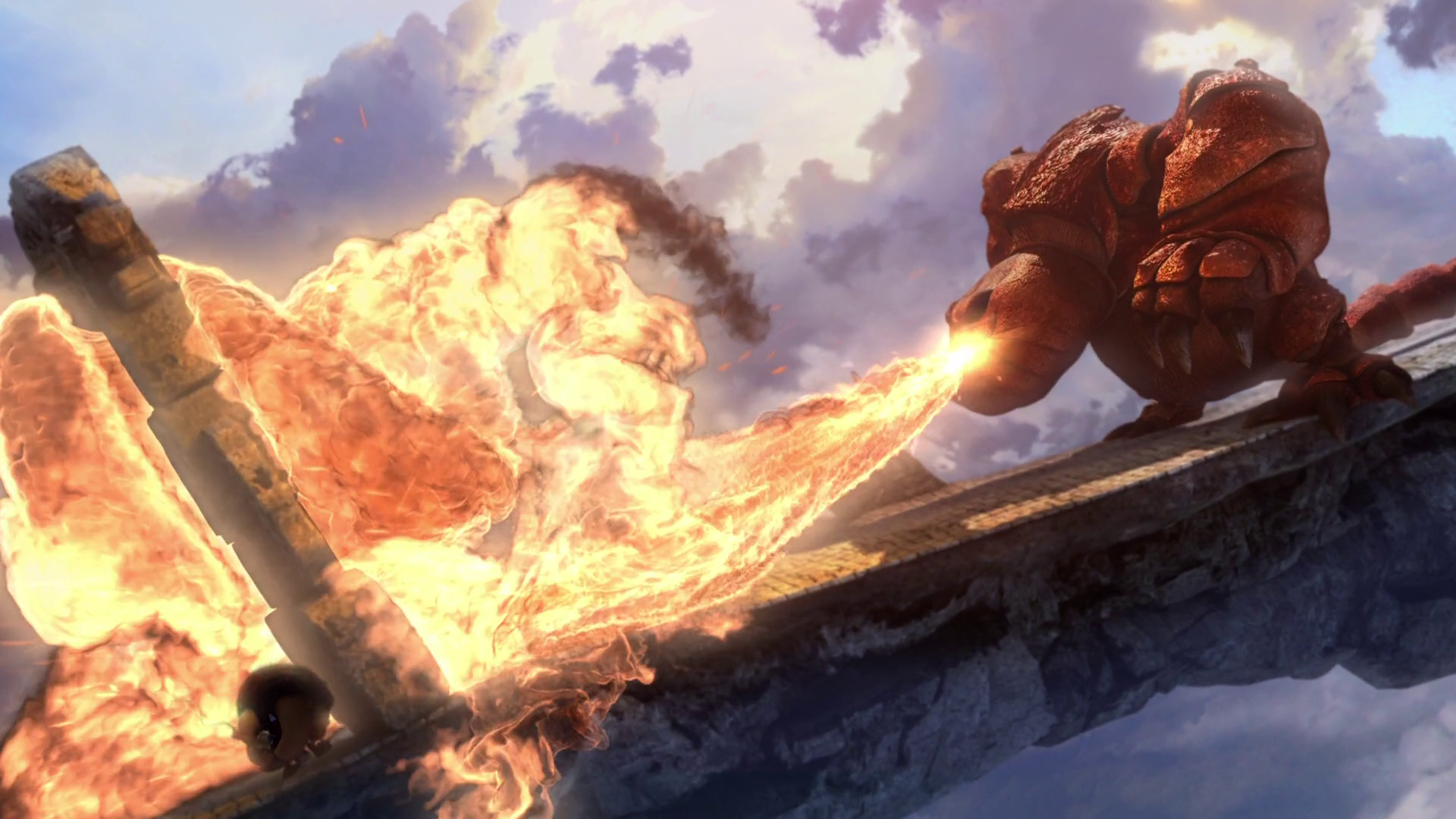 Lian-Chu breathes fire at a stone structure HD Wallpaper