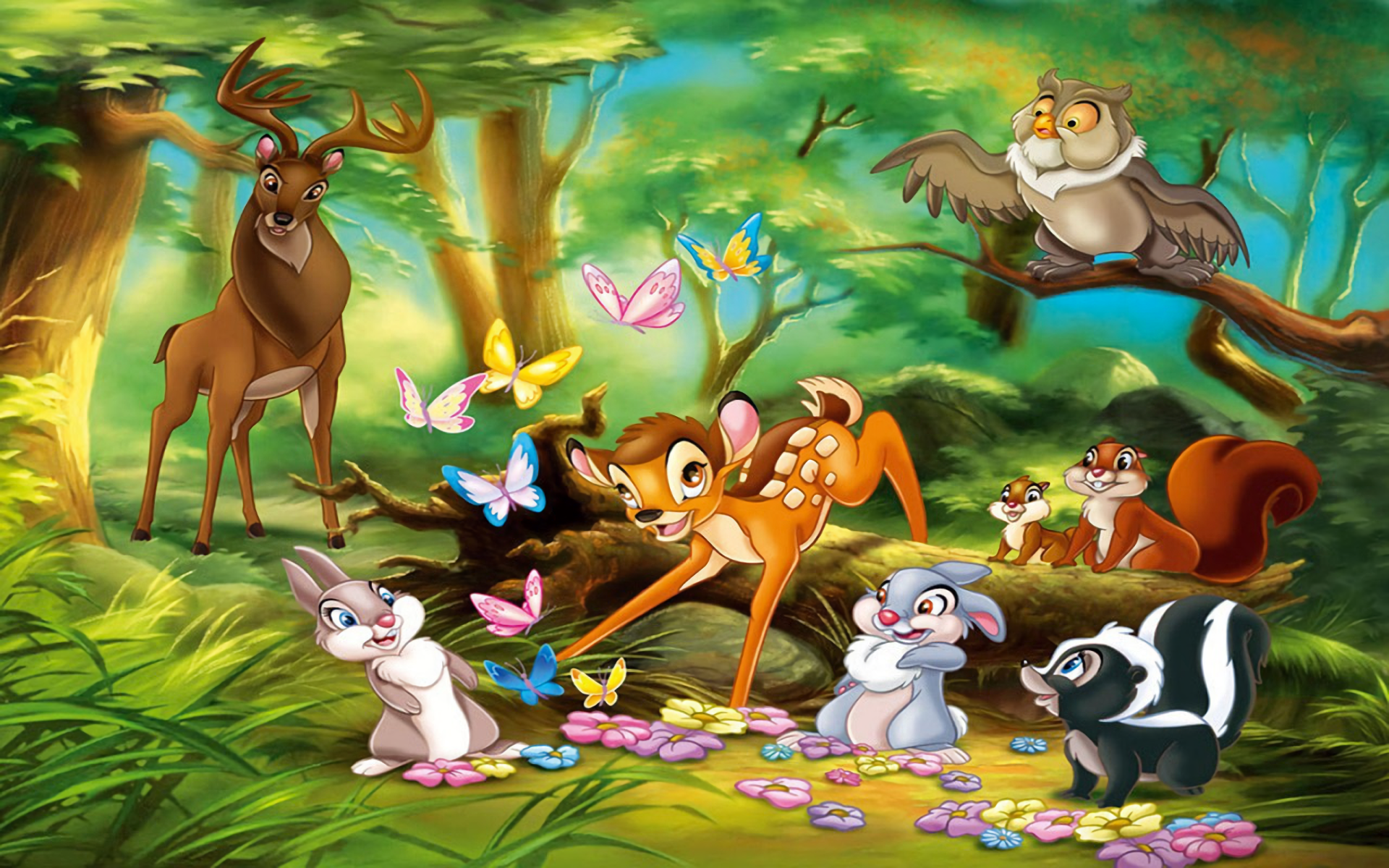 Bambi and friends in a forest HD Wallpaper
