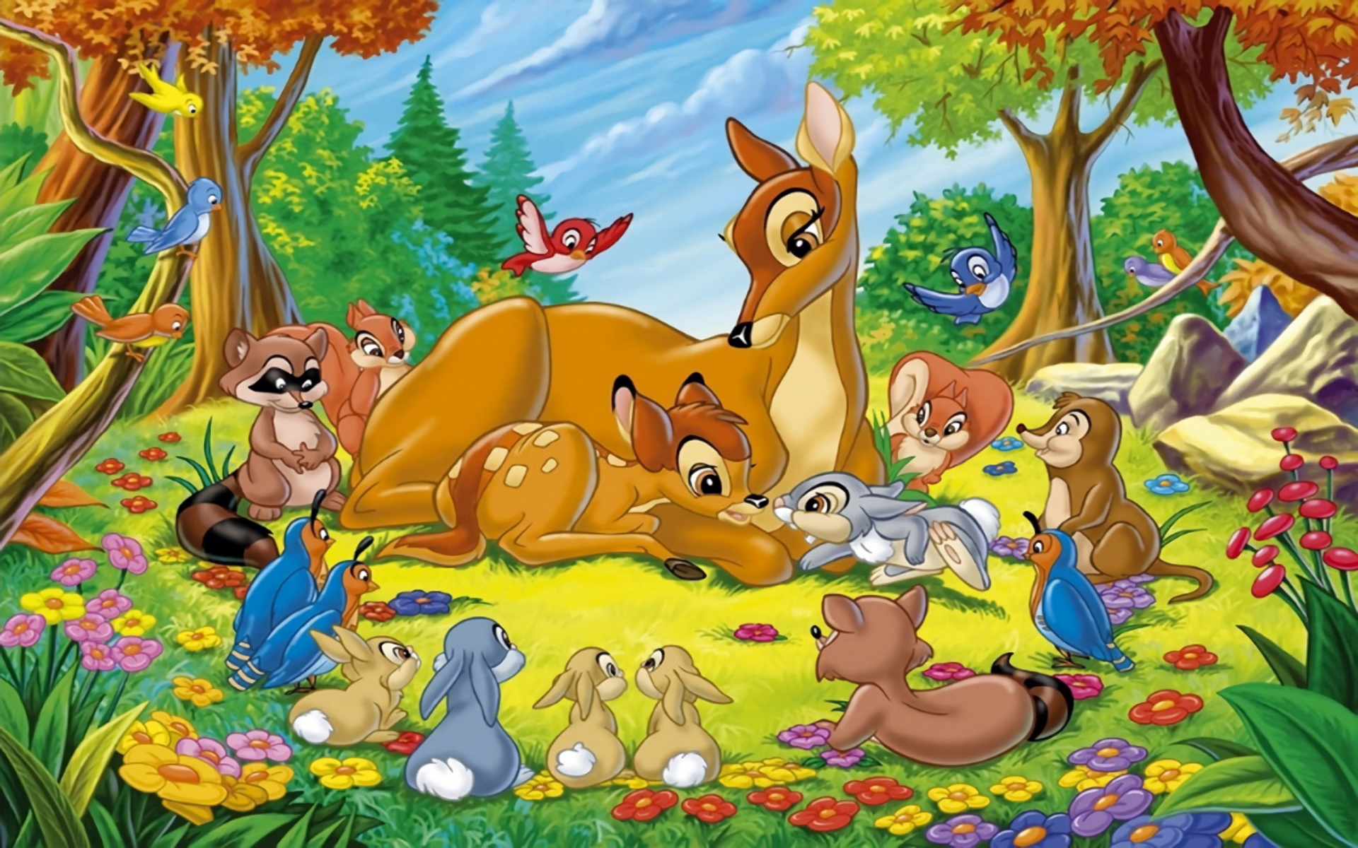 Bambi and friends in a forest clearing HD Wallpaper