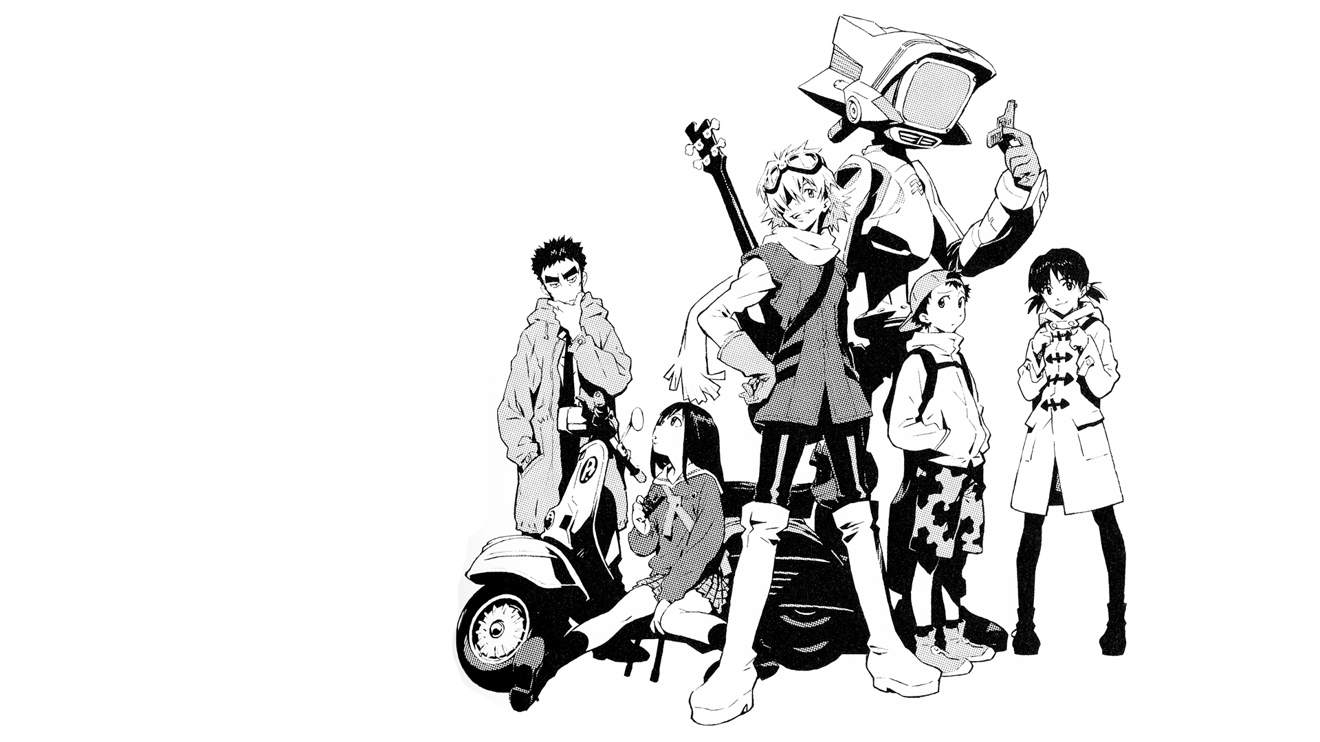 Characters from FLCL with a robot and scooter HD Wallpaper