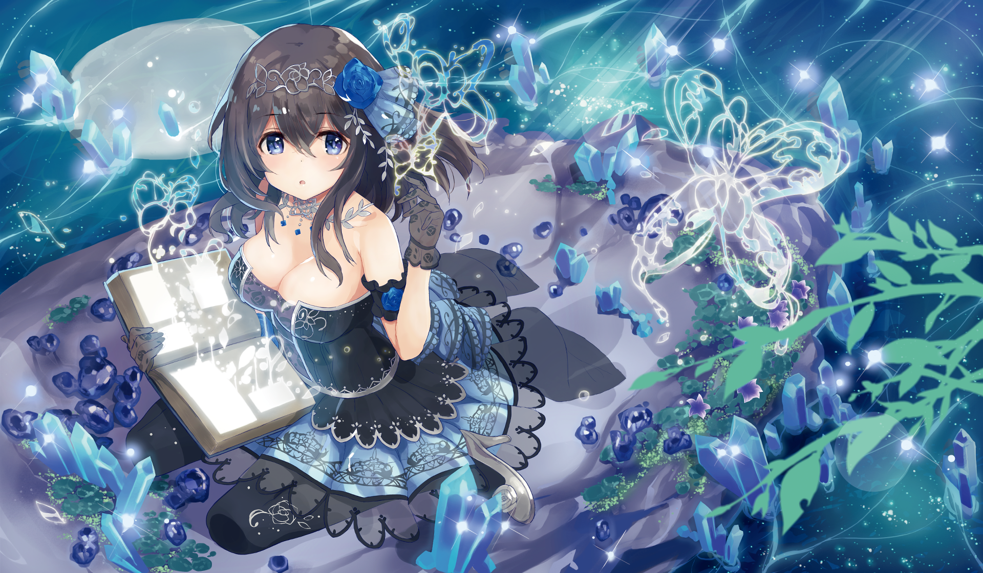 Anime girl with book and crystals HD Wallpaper
