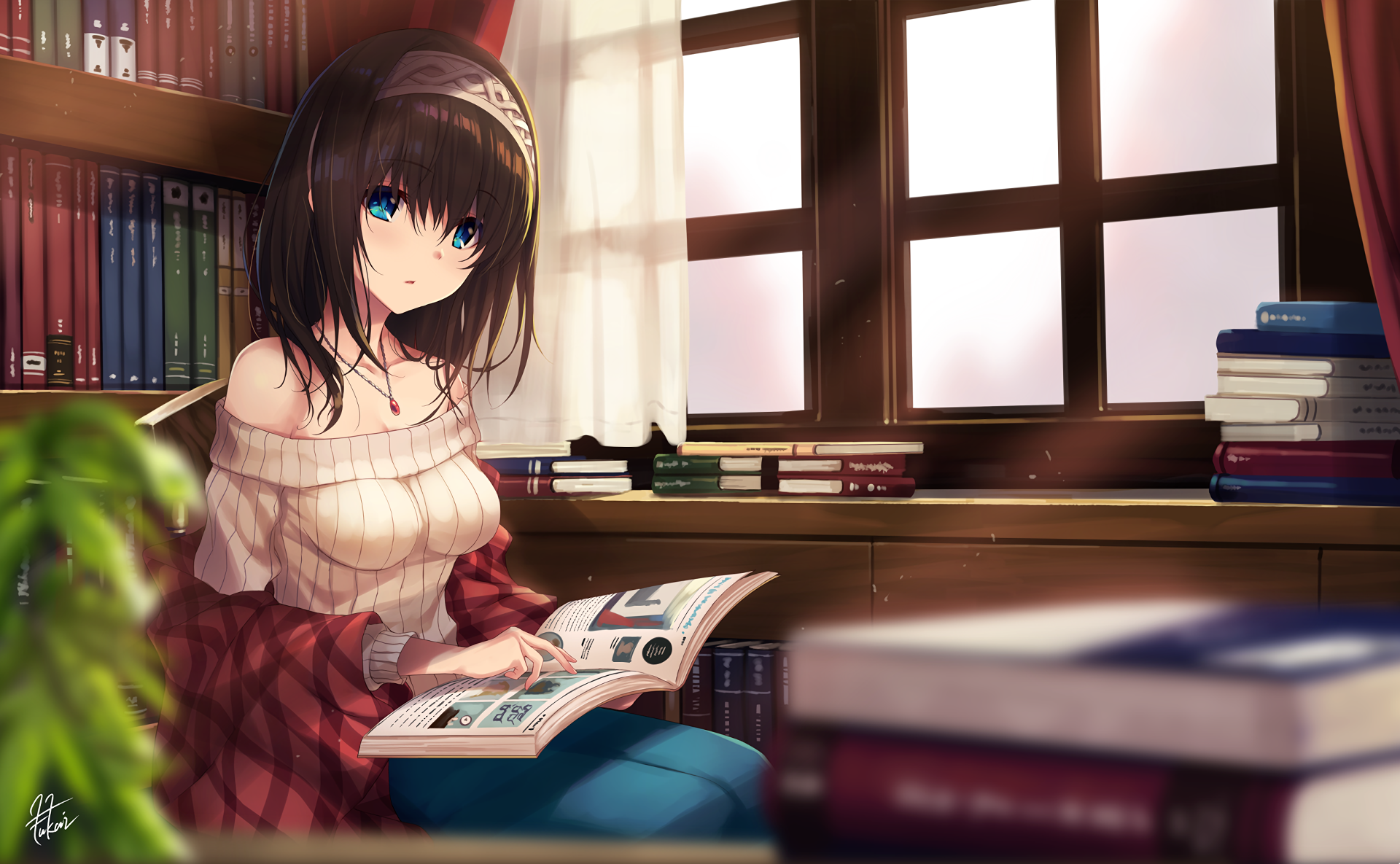 Fumika Sagisawa reading a book in a library HD Wallpaper