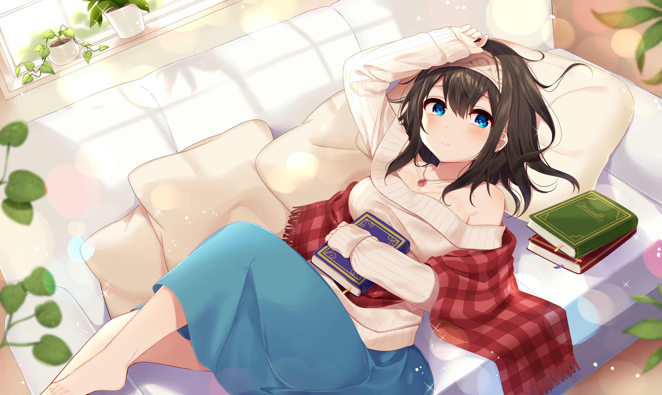 Fumika Sagisawa reading a book on a couch HD Wallpaper