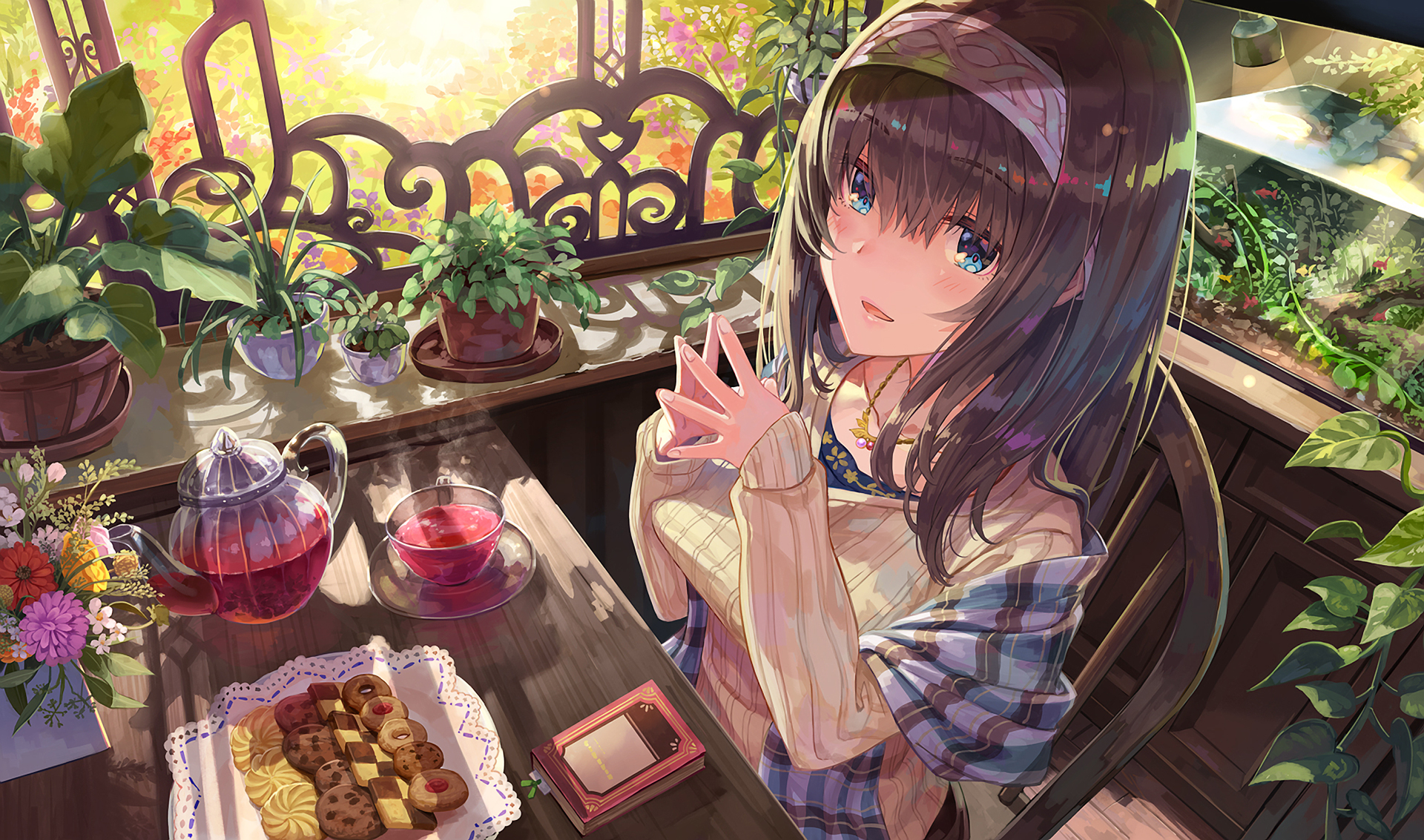 Fumika Sagisawa enjoying tea and cookies HD Wallpaper