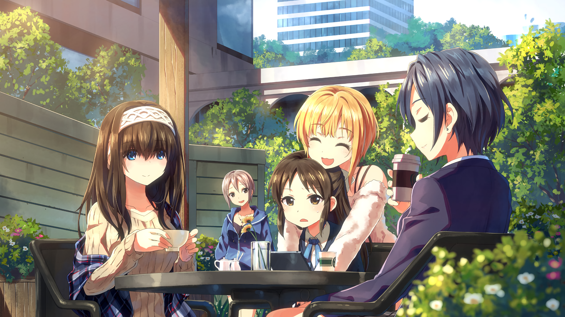 Fumika Sagisawa and friends at an outdoor cafe HD Wallpaper