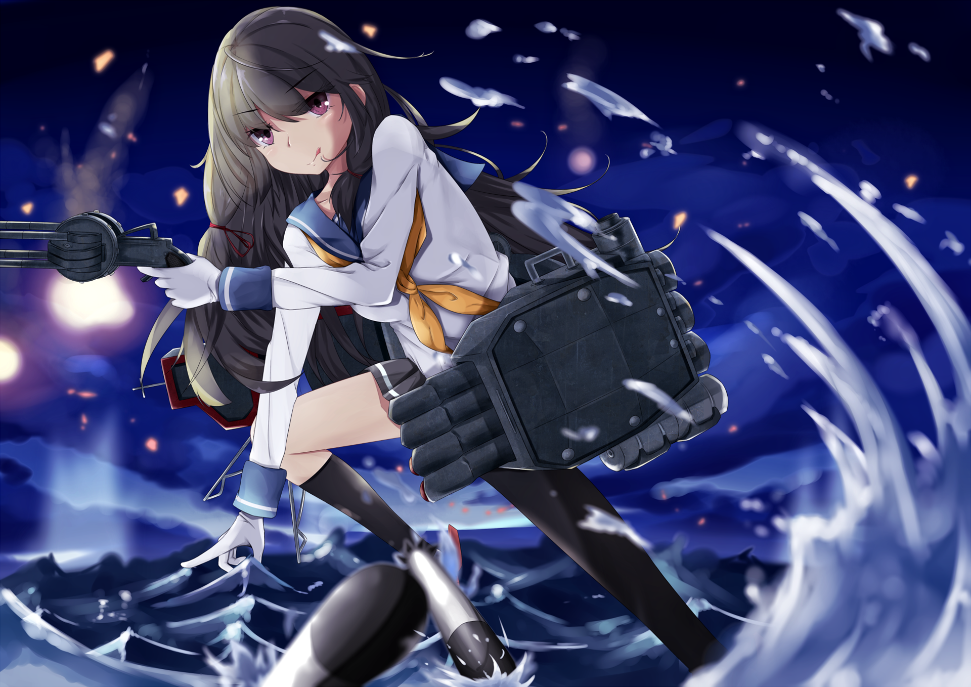Isokaze from Kantai Collection firing a gun HD Wallpaper