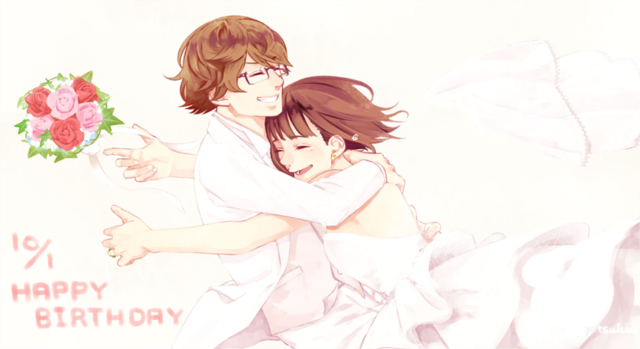 Couple Hugging with Flowers and Birthday Message HD Wallpaper